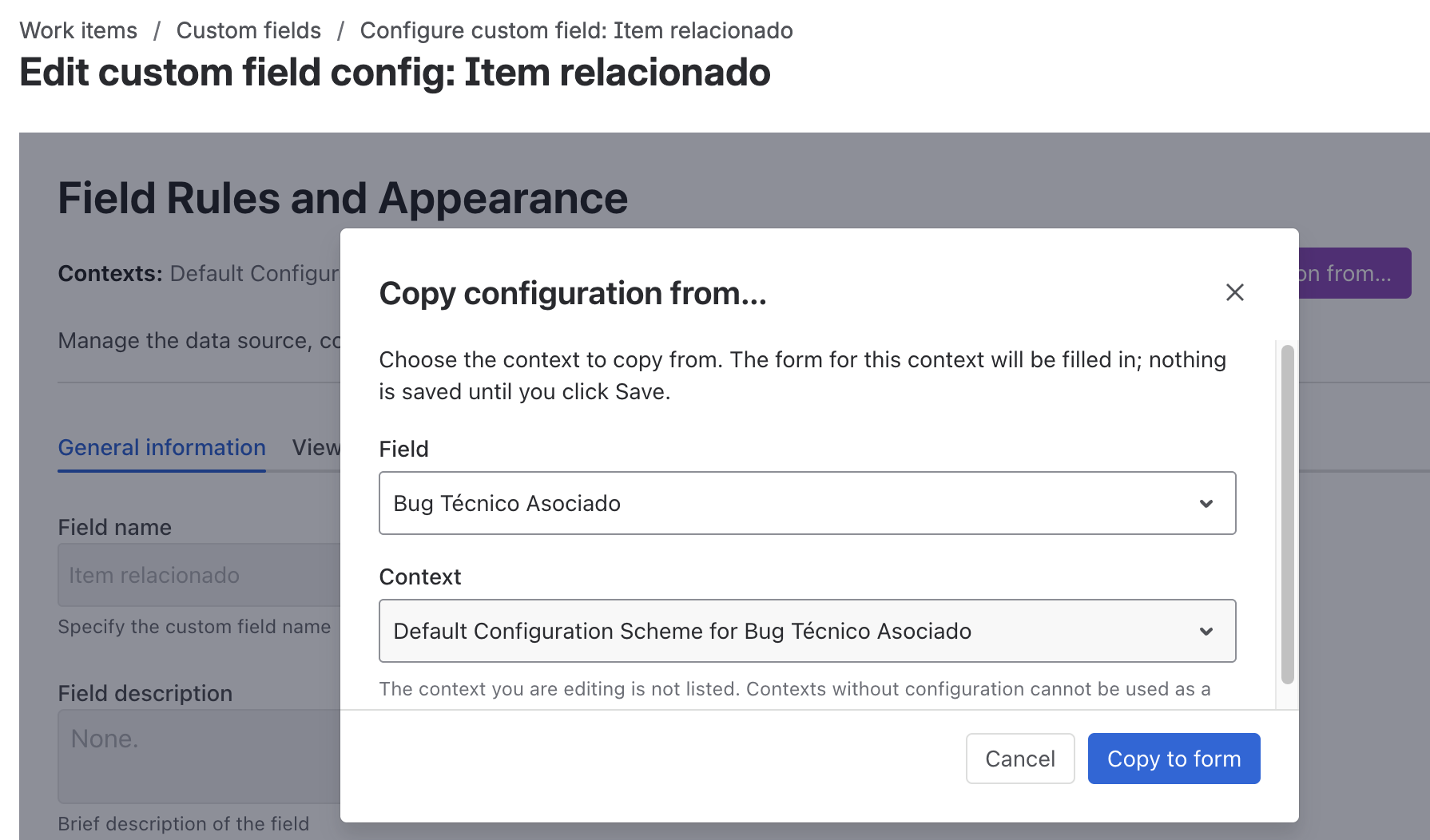 Copy configuration from another DWIP field
