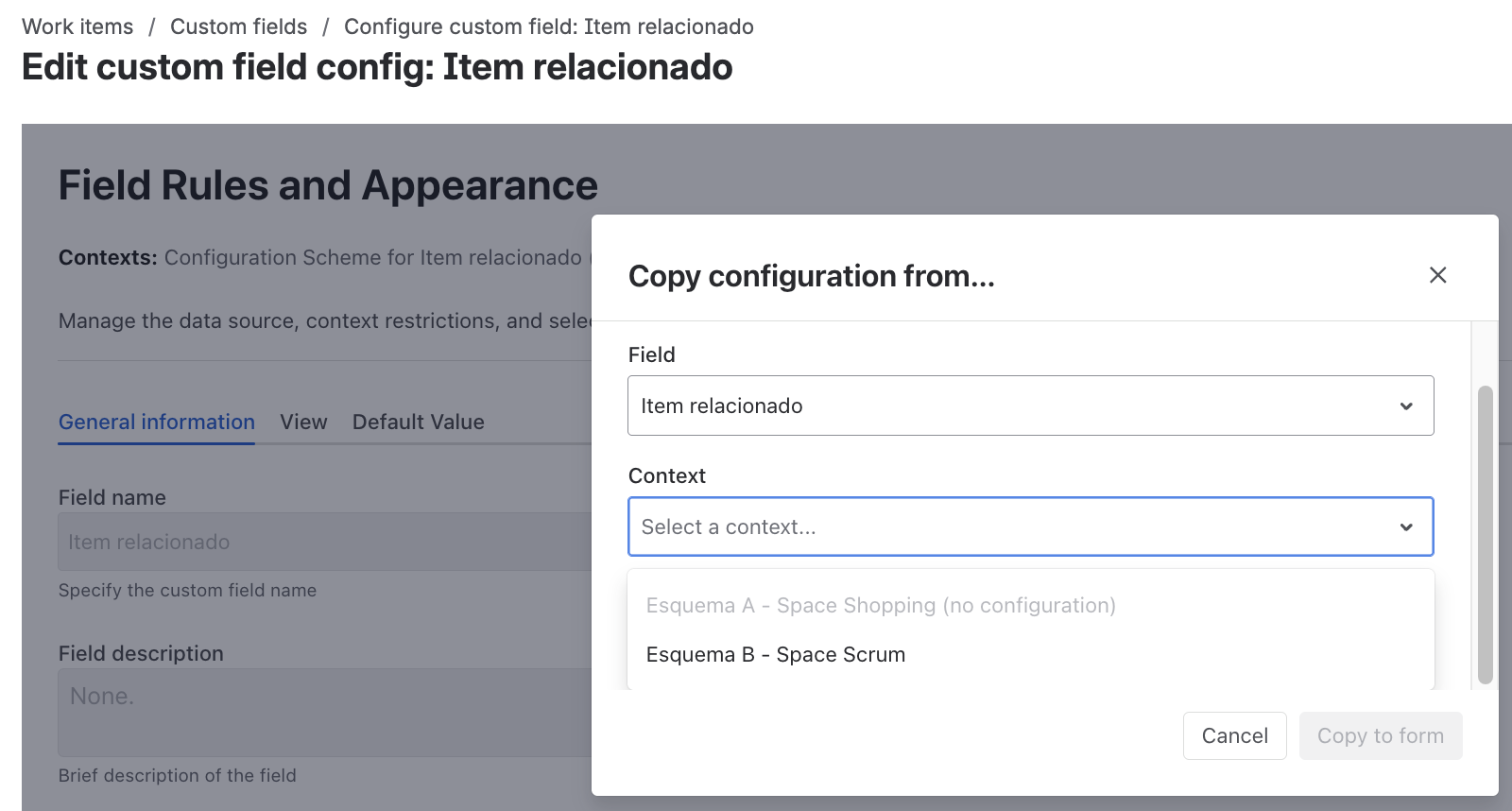 Copy configuration from another context of the same field