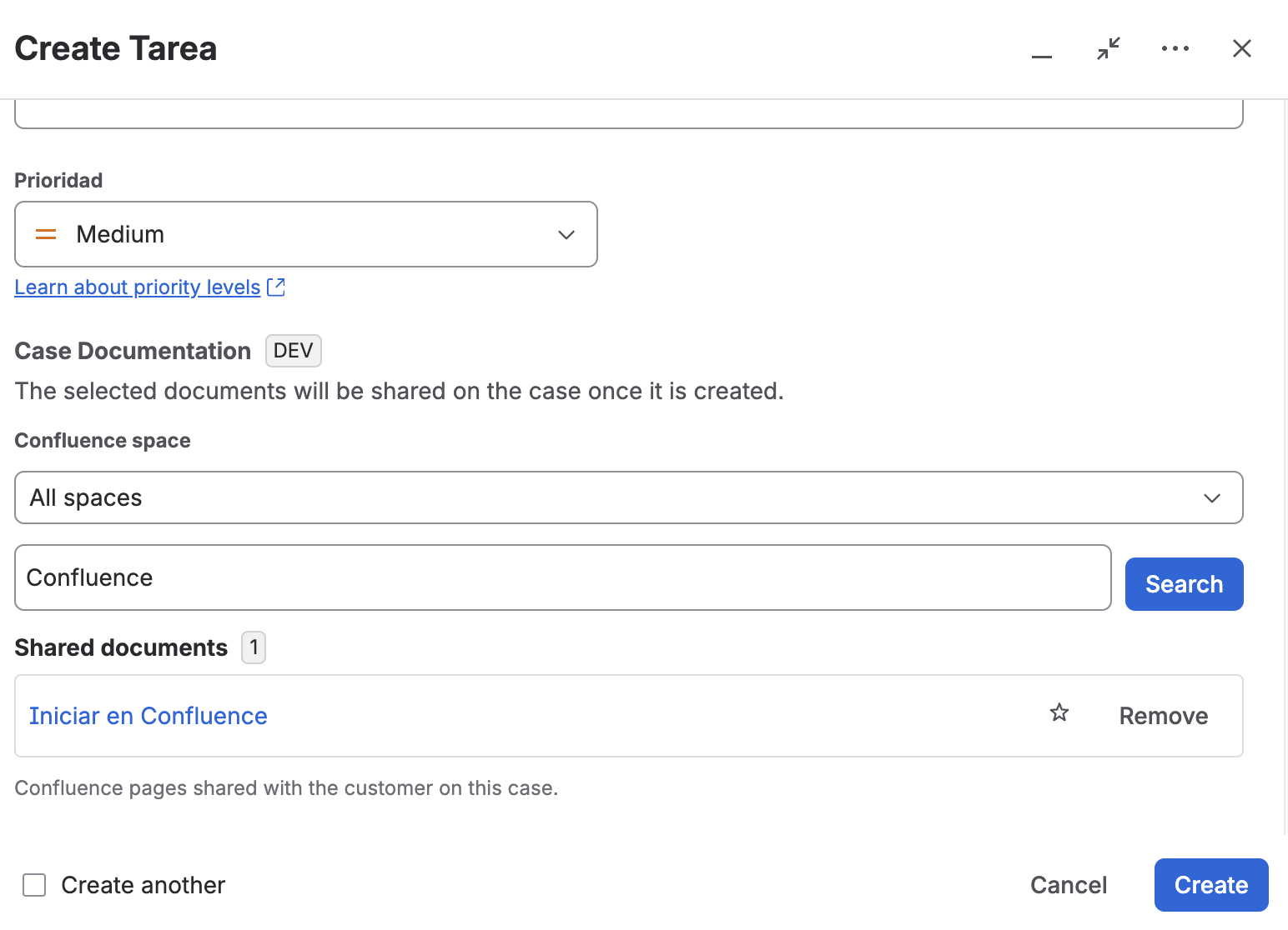 Case Documentation field in the create dialog