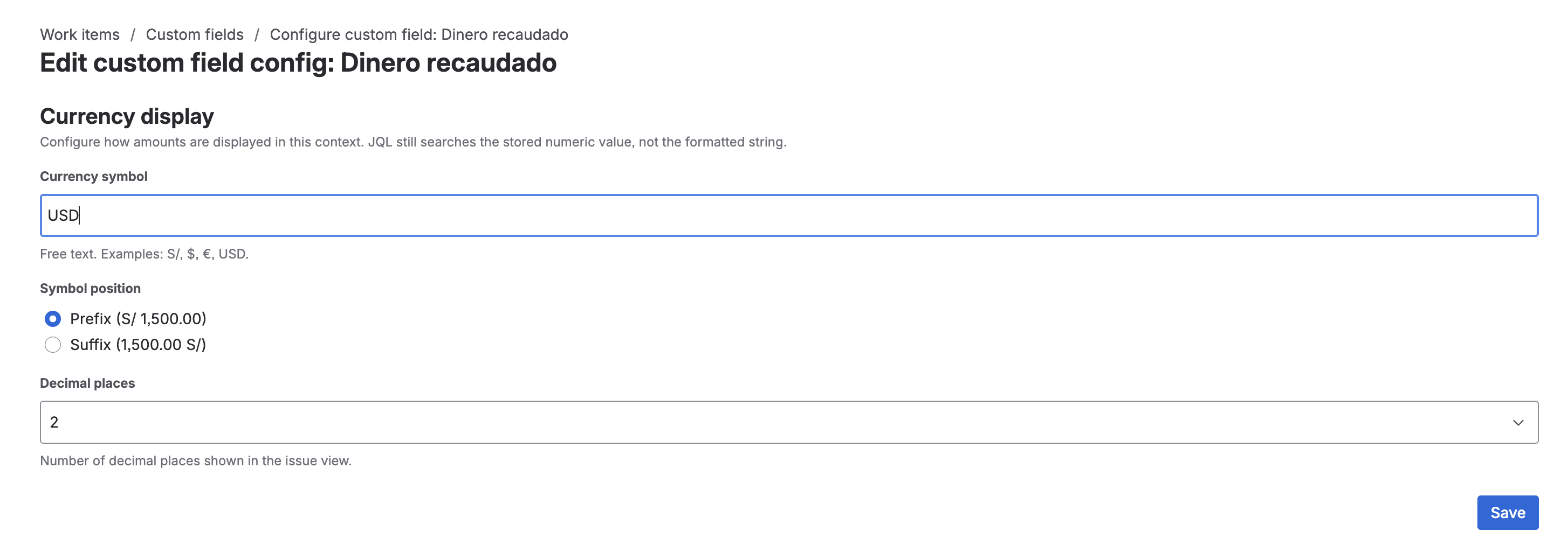 Currency Field display configuration per context
