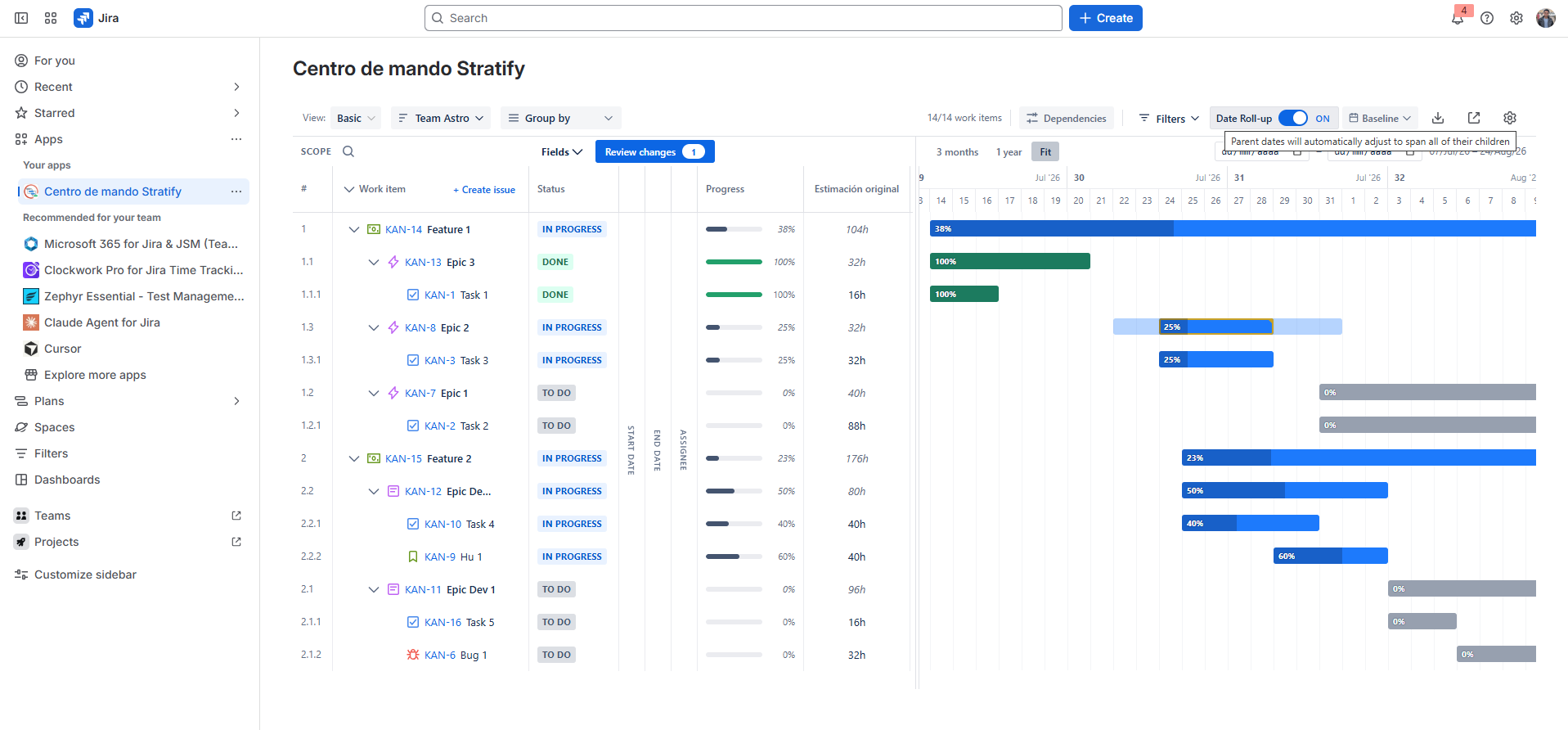 Date roll-up toggle on the Gantt