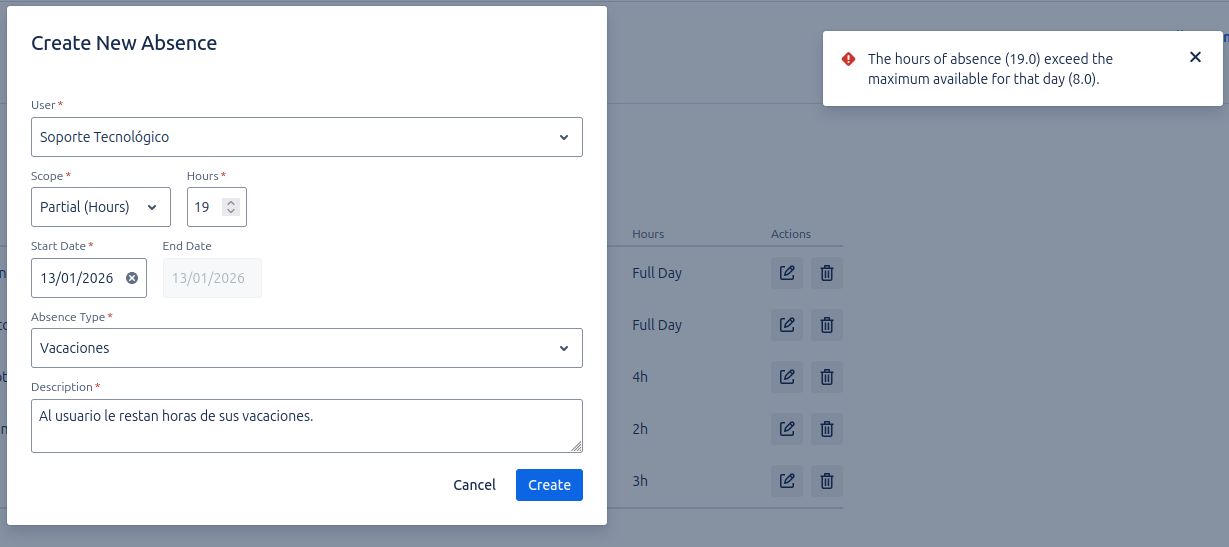 Modal de Creación de Ausencia y mensaje error