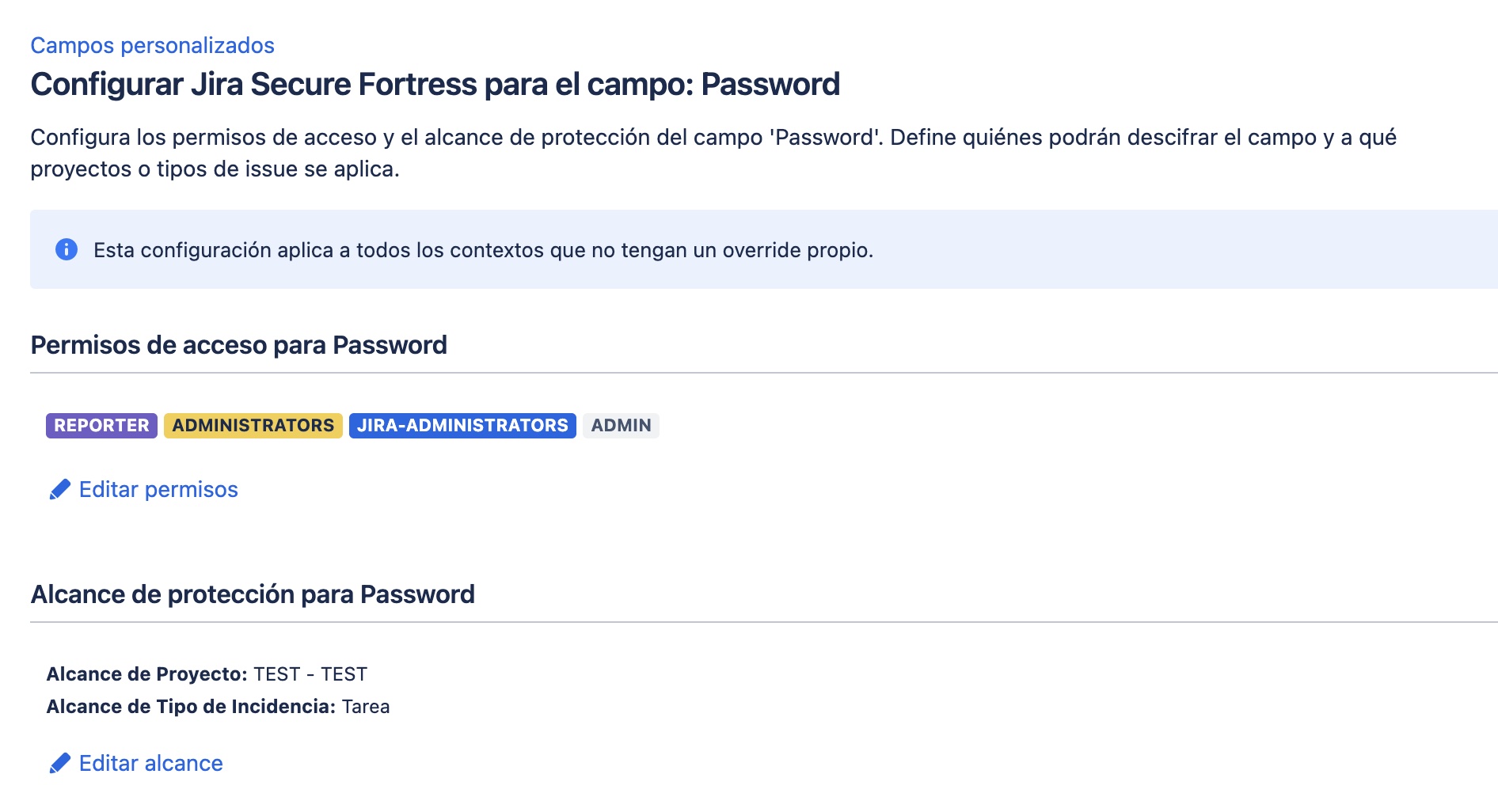 Native field configuration page showing the permissions and scope sections