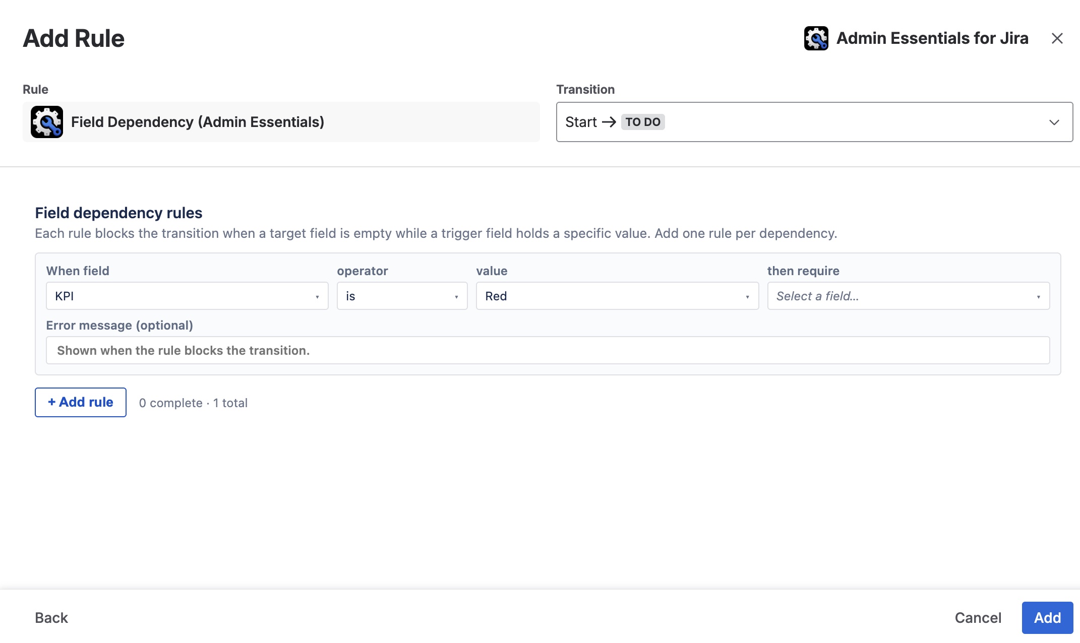 Field Dependency RuleBuilder with KPI is Red rule configured