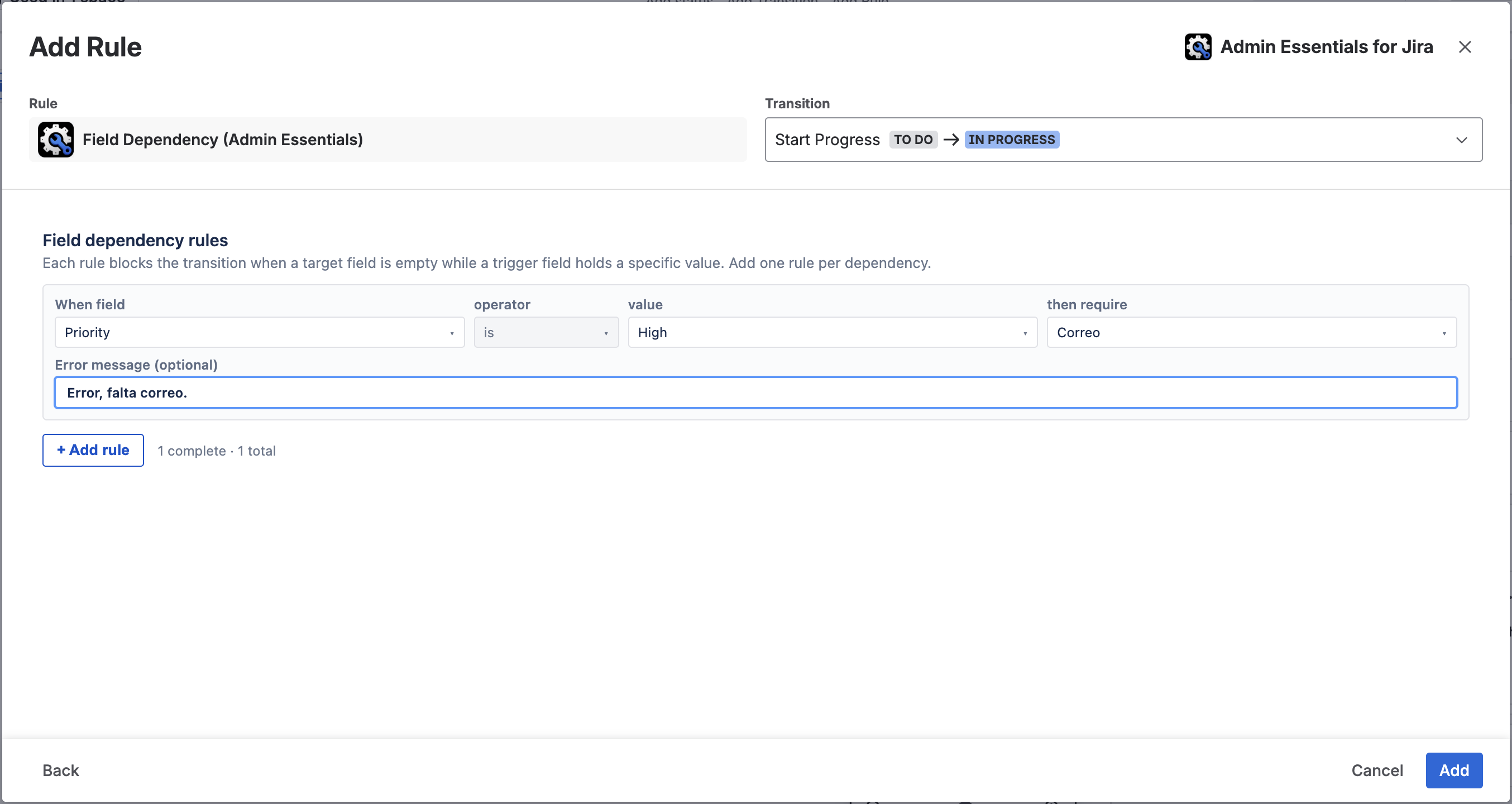 Field Dependency Validator configuration UI showing a complete rule