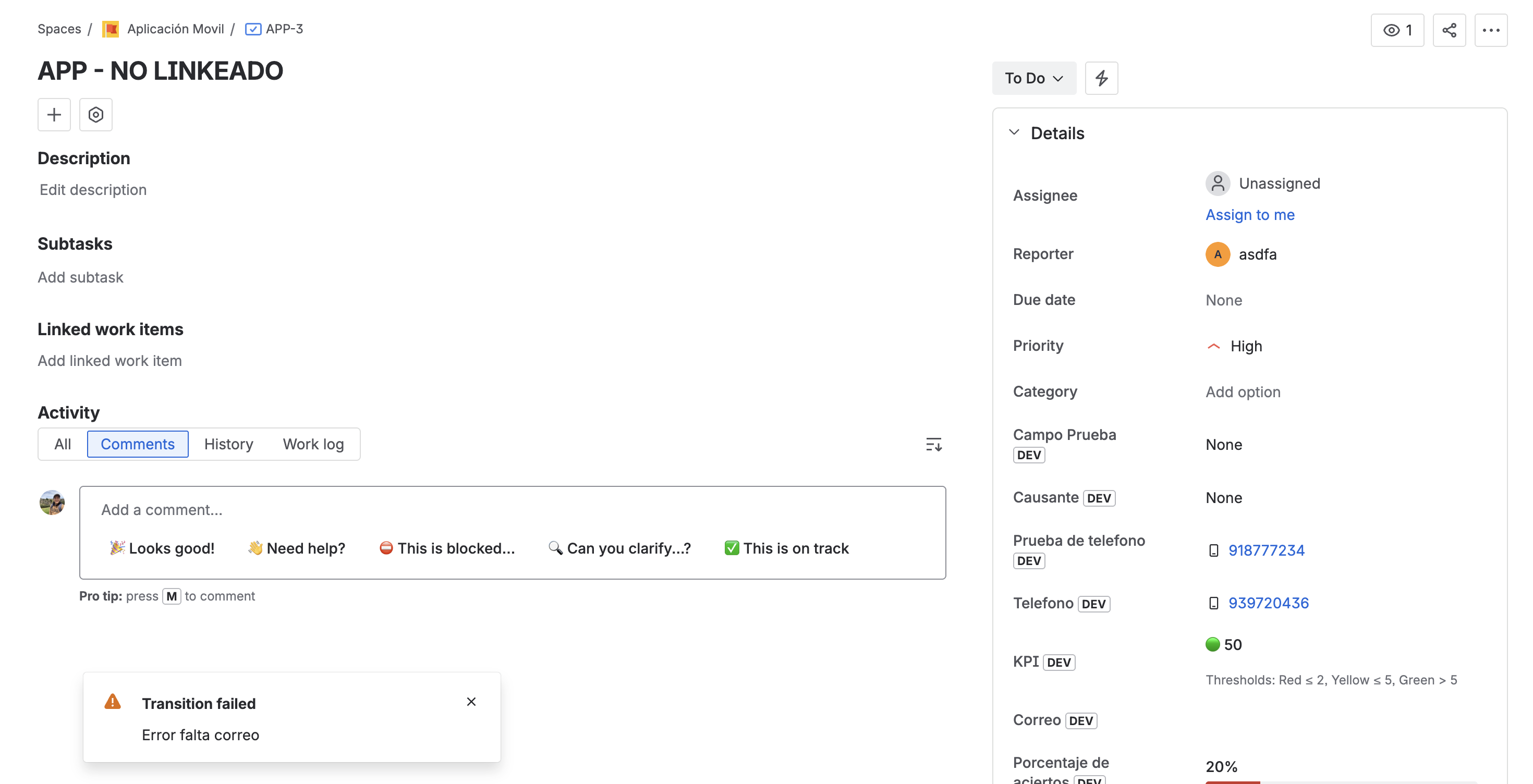 Error message shown to the user when a Field Dependency rule blocks the transition