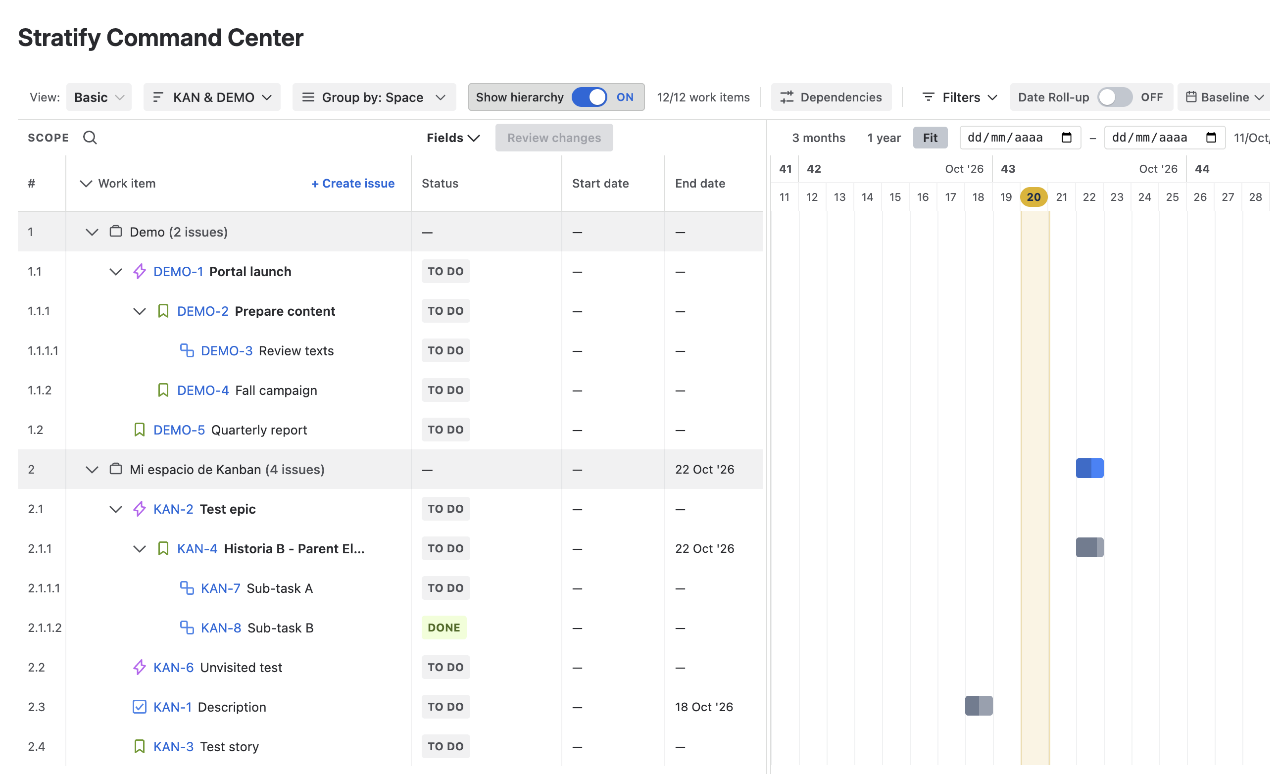Gantt grouped by Space with the Demo and Mi espacio de Kanban groups