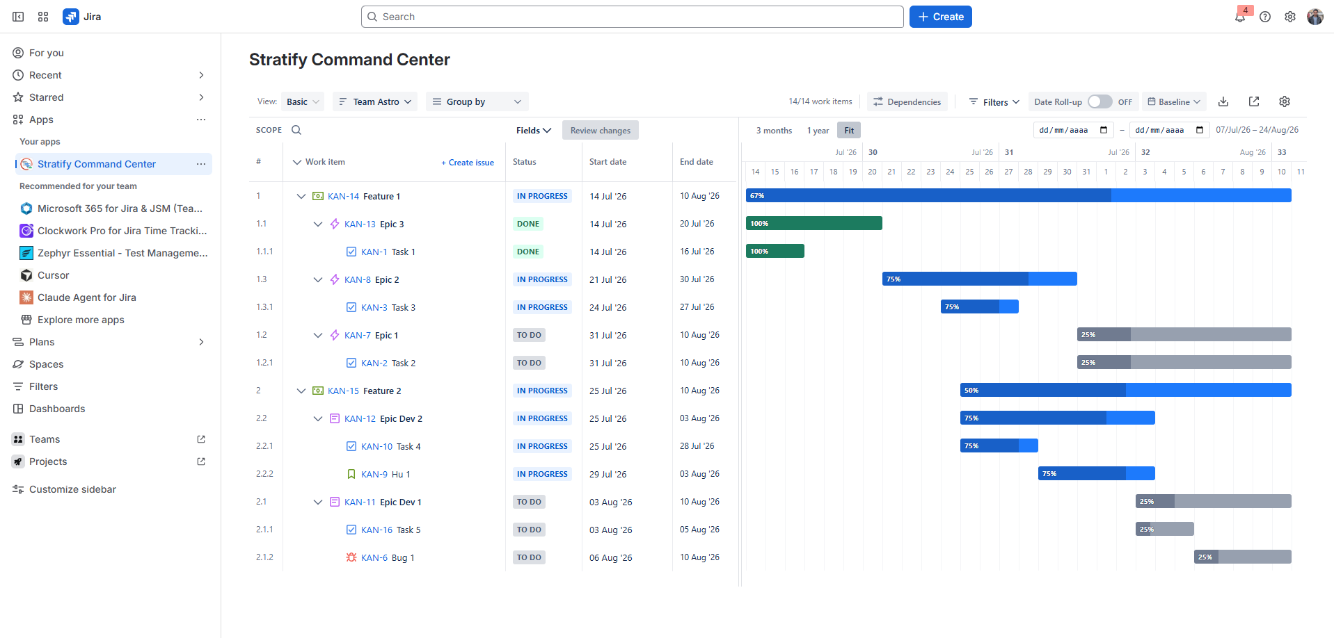 Gantt with a JQL or saved plan, work item count, and bars
