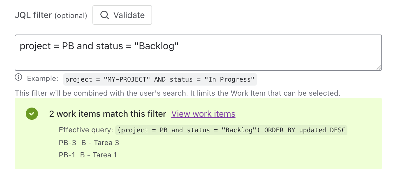 JQL preview with results