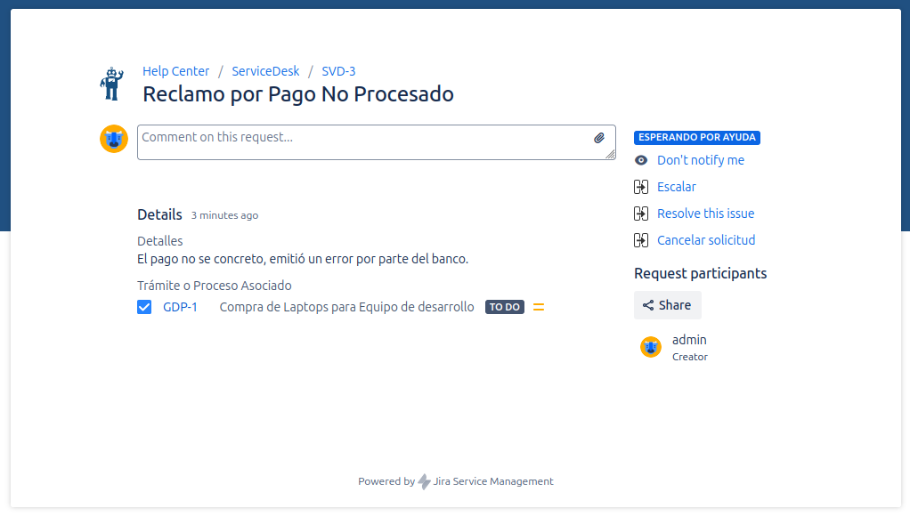View of the request in the portal with selected issues