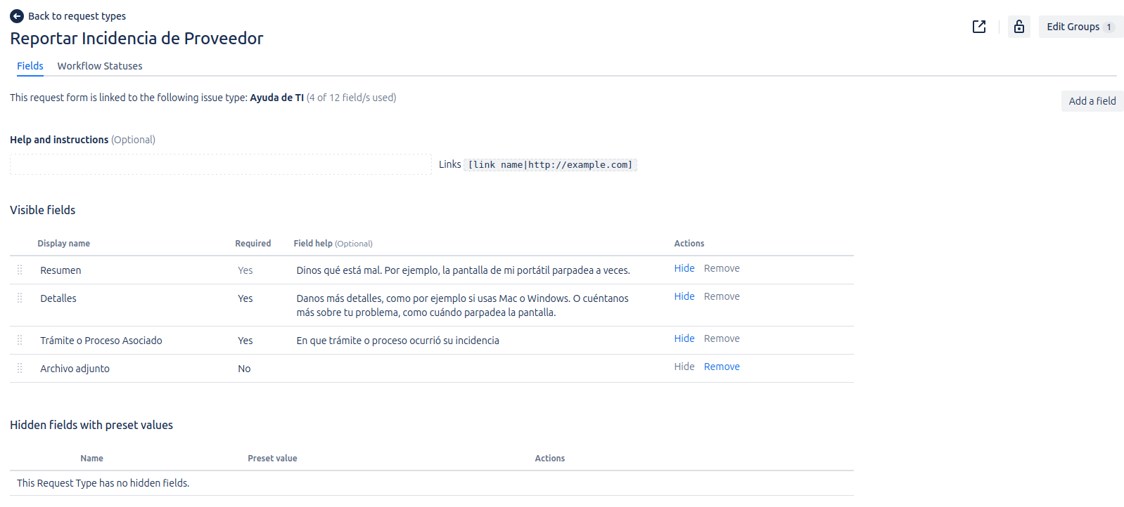 View of the request in the portal with selected issues