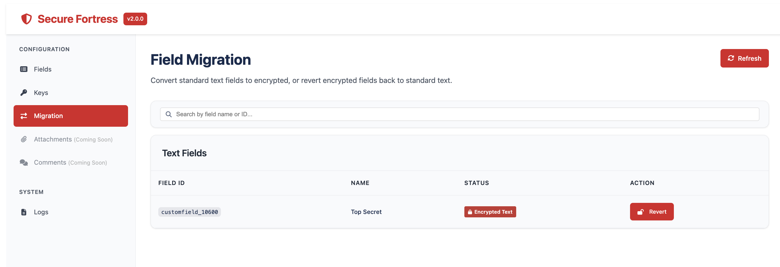 Migration section showing the field list with action buttons