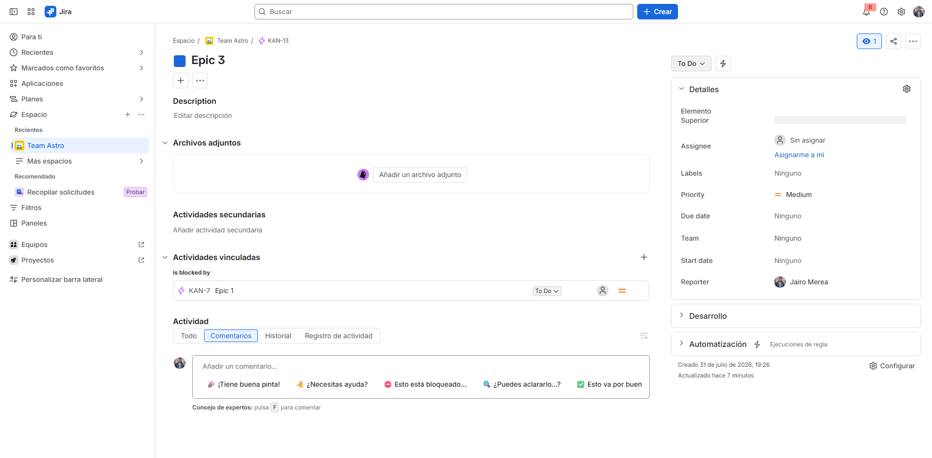 Parent Element field visible and filled in a work item
