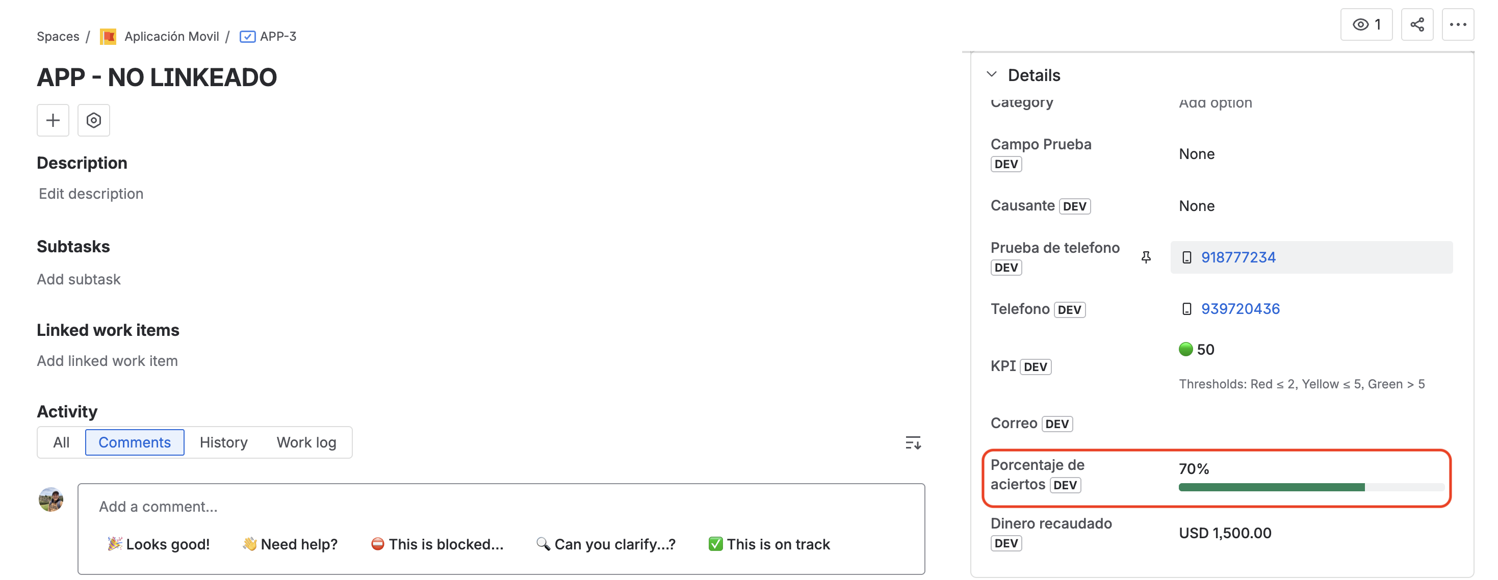 Percentage Field rendered as a progress bar on the issue view