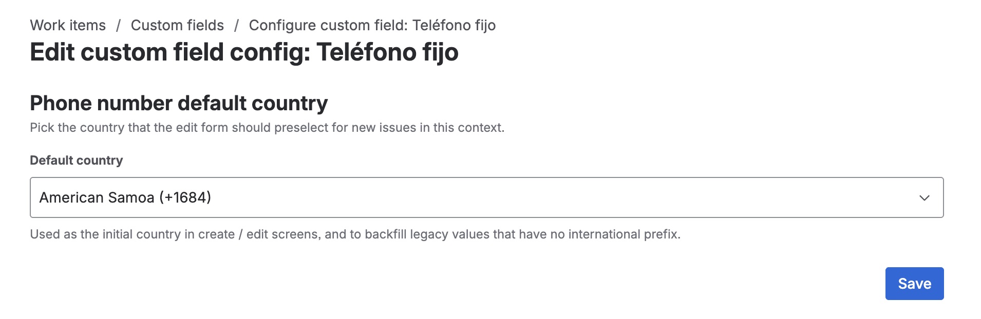 Phone field context configuration screen showing the default country selector