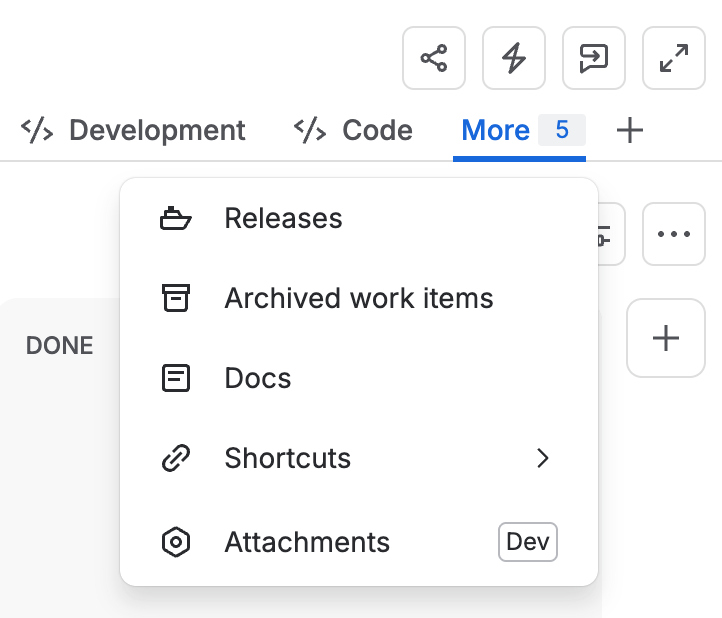 Attachments option in the More tab of a space