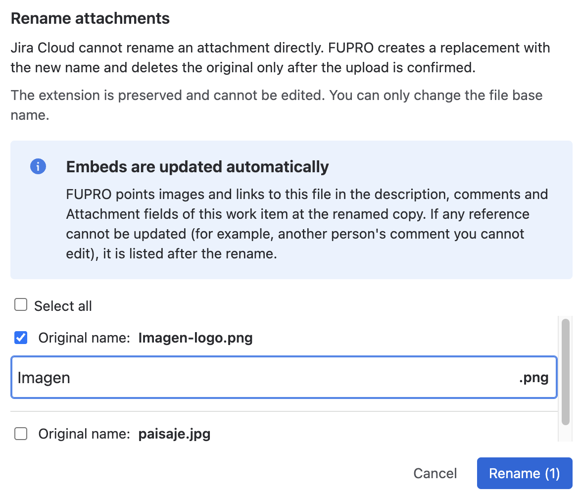 Rename attachments informational note: embeds are updated automatically