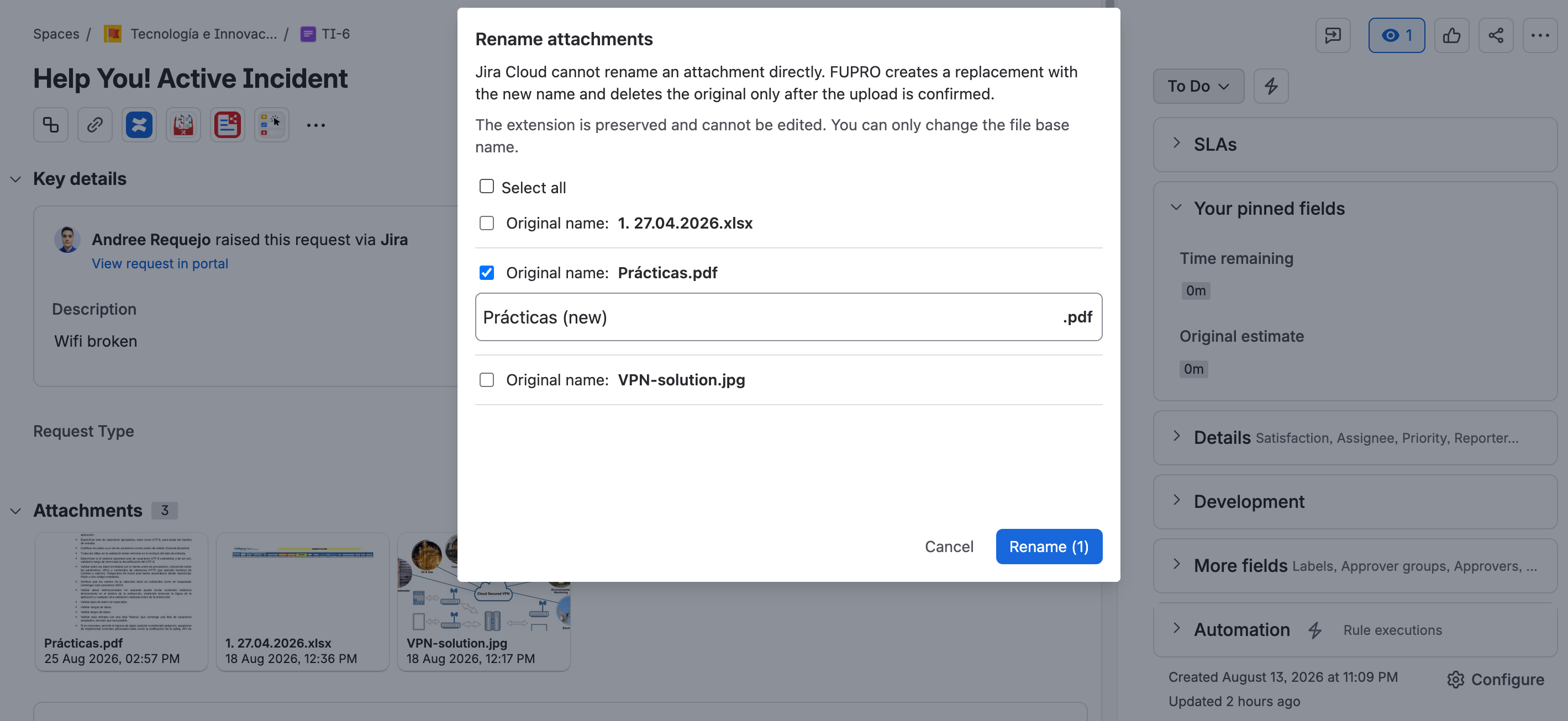 Selecting attachments and fields to update names