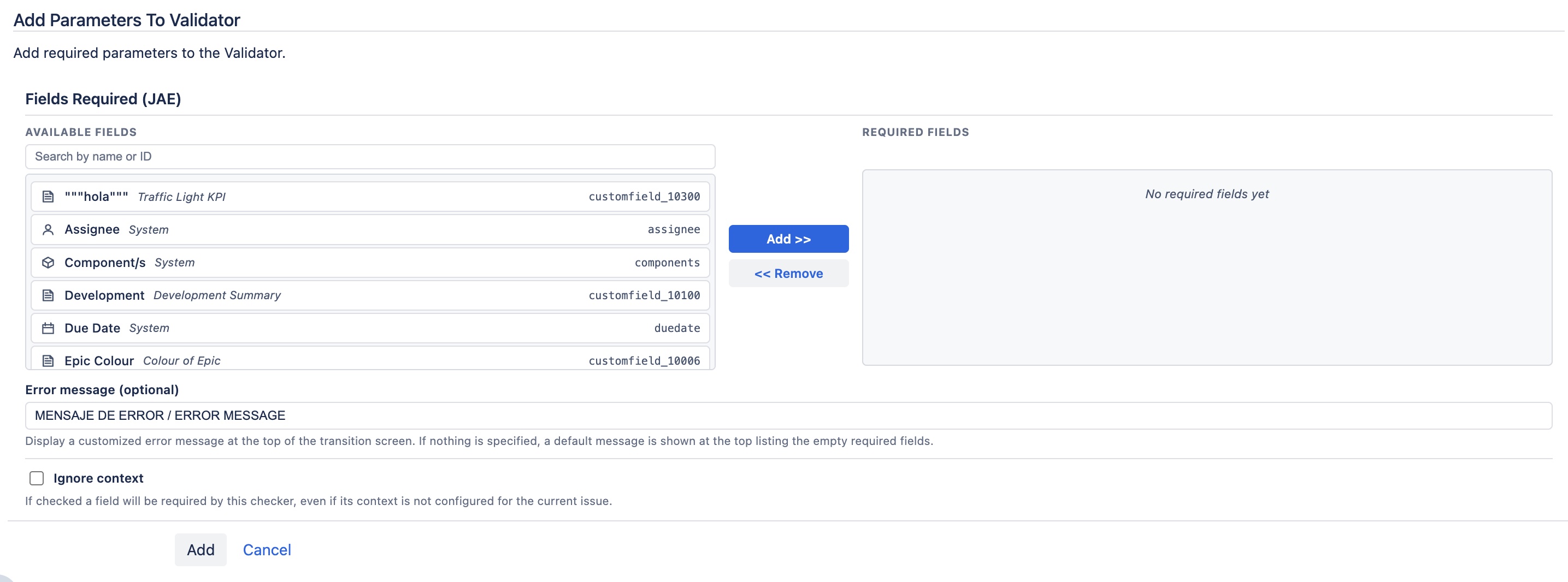 Validator configuration form with the field selector and the custom error message