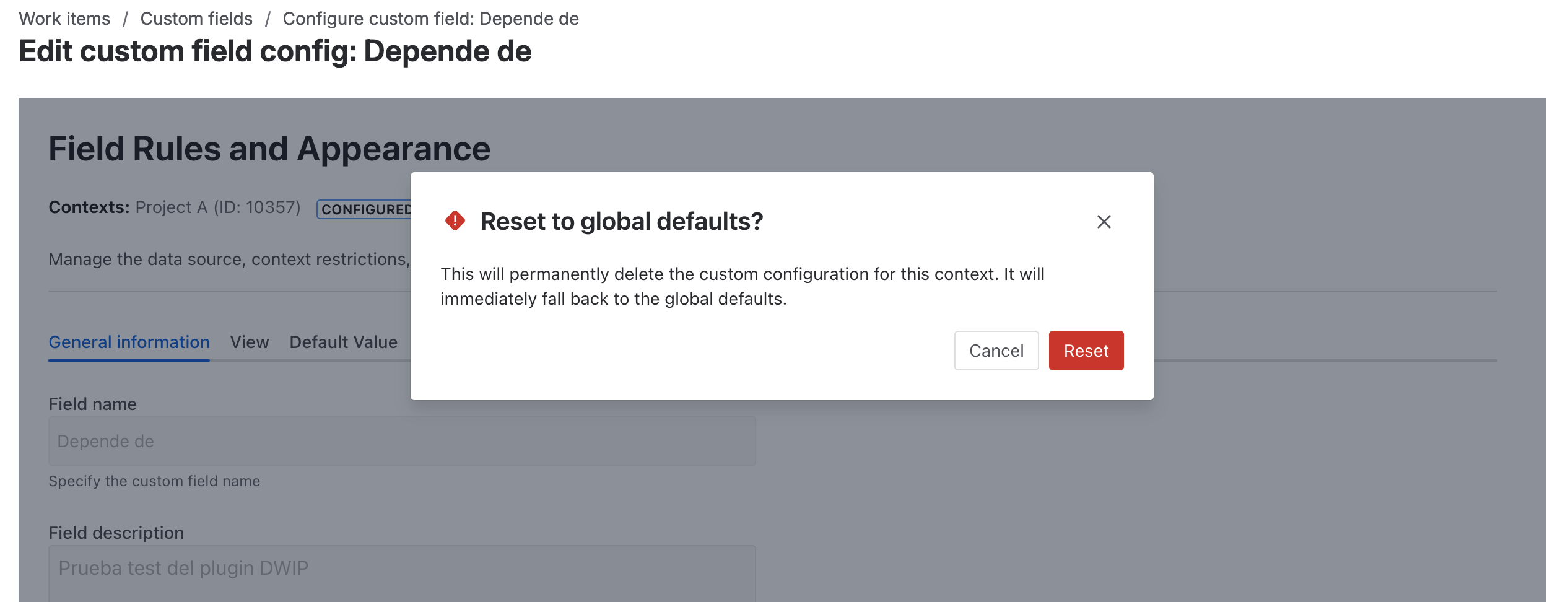 Reset confirmation dialog