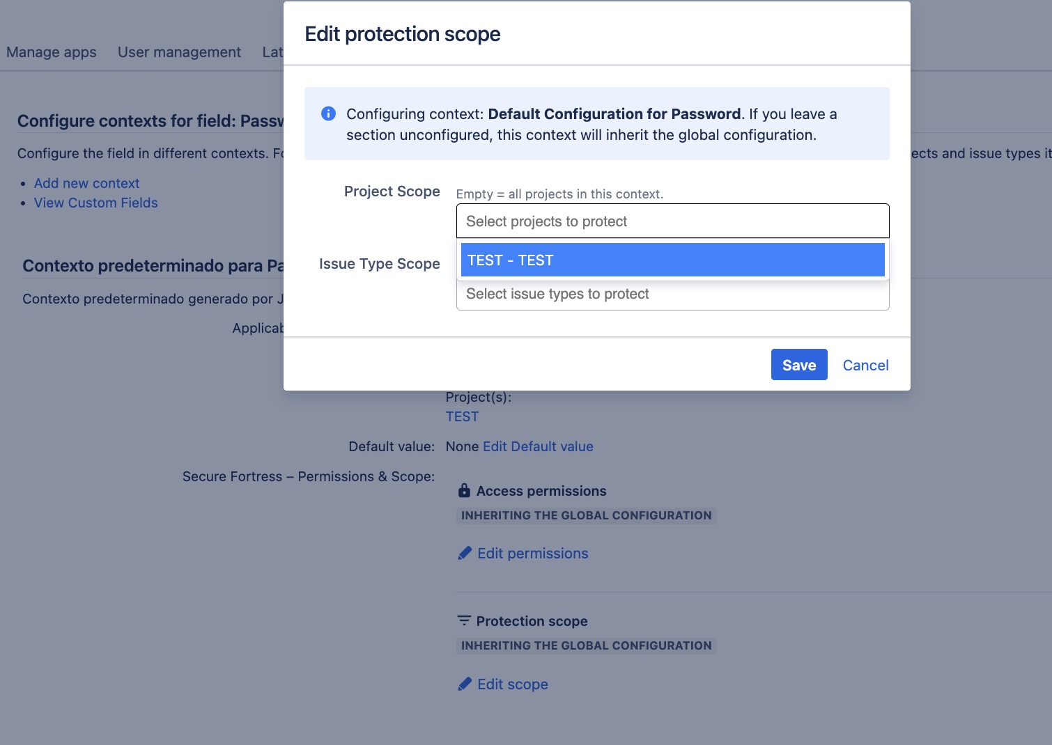 Protection scope modal in a context, showing only the projects and issue types of that context