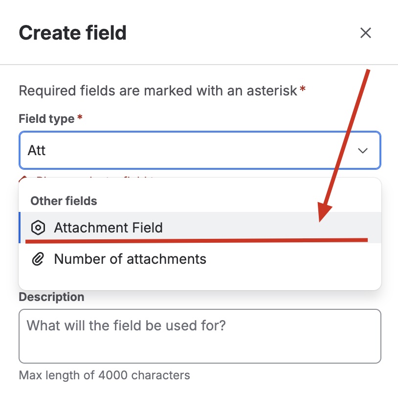 Selecting the Attachment Field type on the Jira Cloud custom field creation screen
