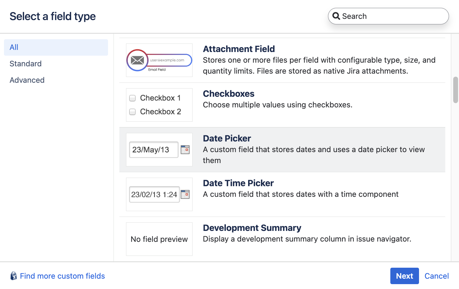 Attachment Field in Jira's custom field type list