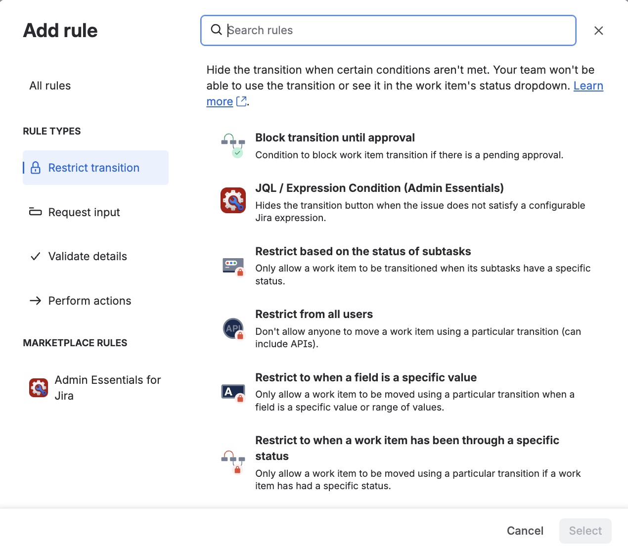 Selecting the Expression Condition in the Jira Cloud workflow editor