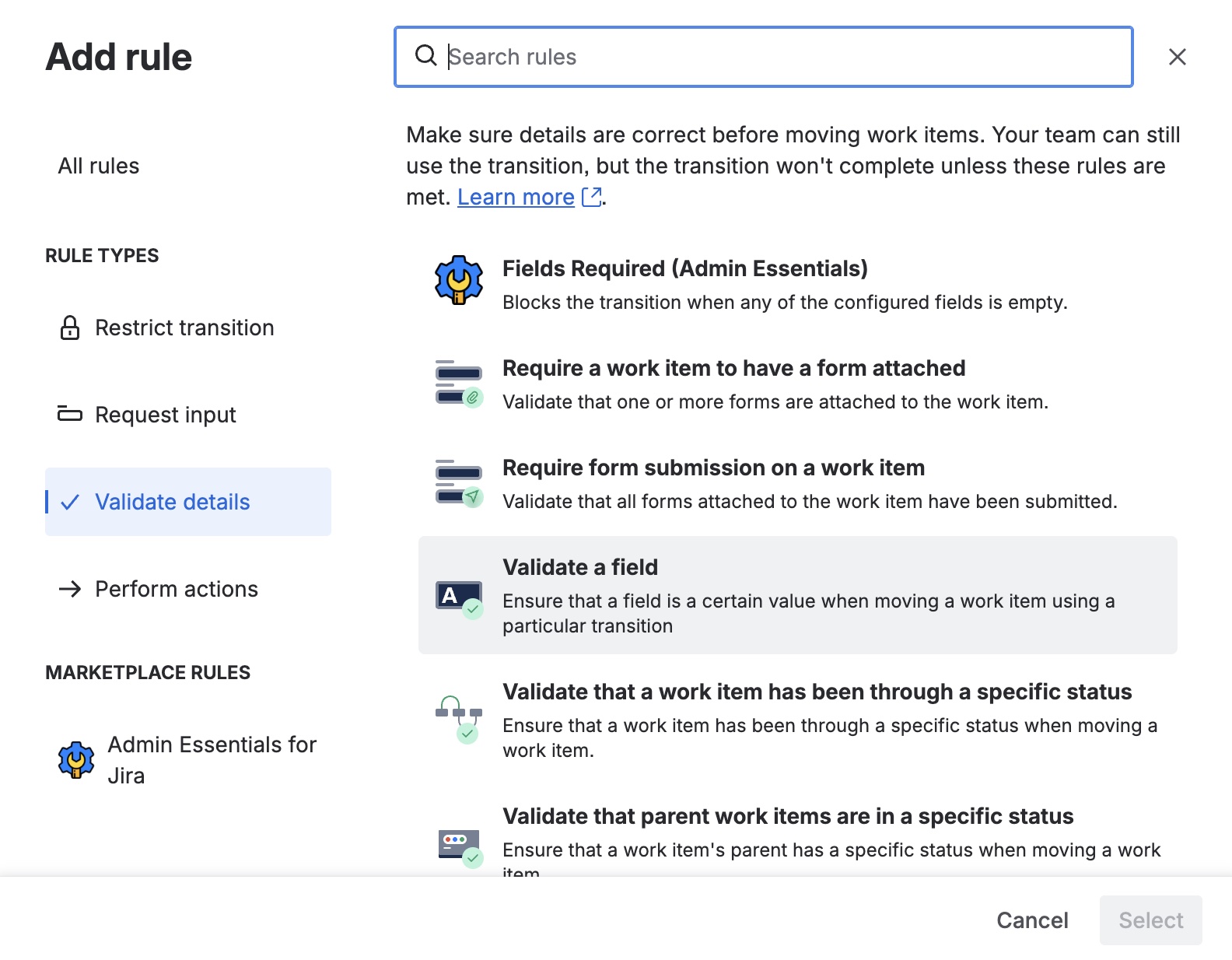 Selecting the Fields Required validator in Jira Cloud's workflow editor