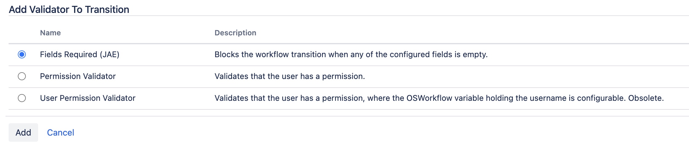 Selecting the Required Fields on Transition validator in the workflow editor