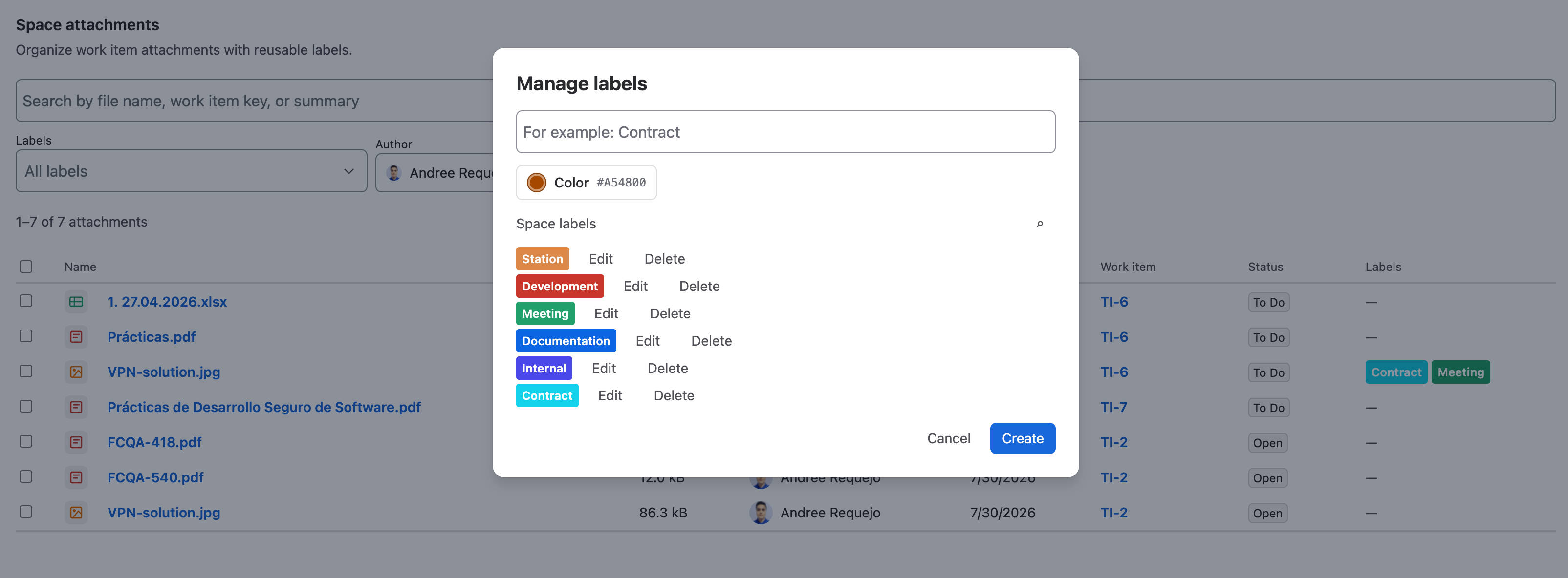 Manage labels button in Space attachments
