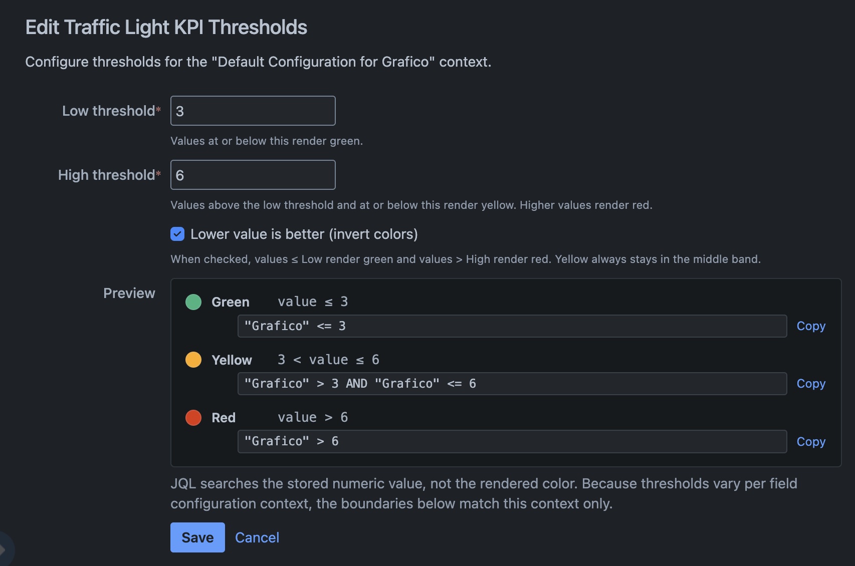 Threshold editor showing JQL examples in Jira's dark theme
