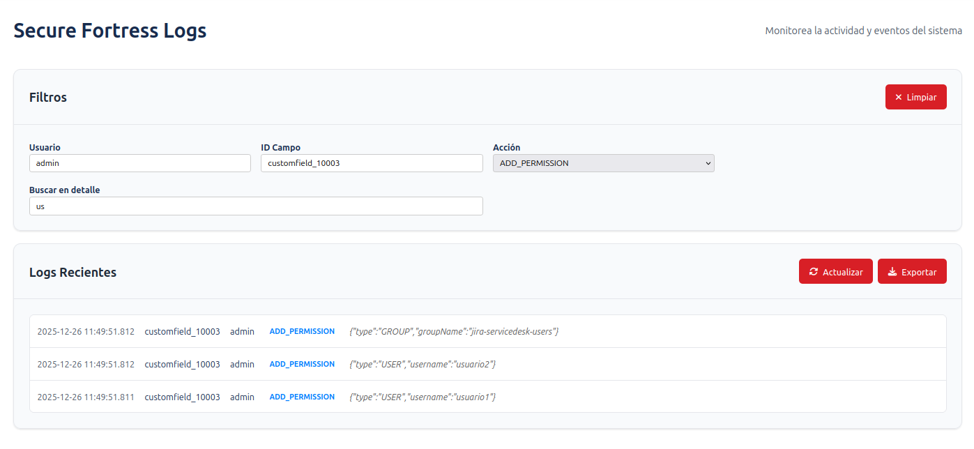 View of logs with new filter controls