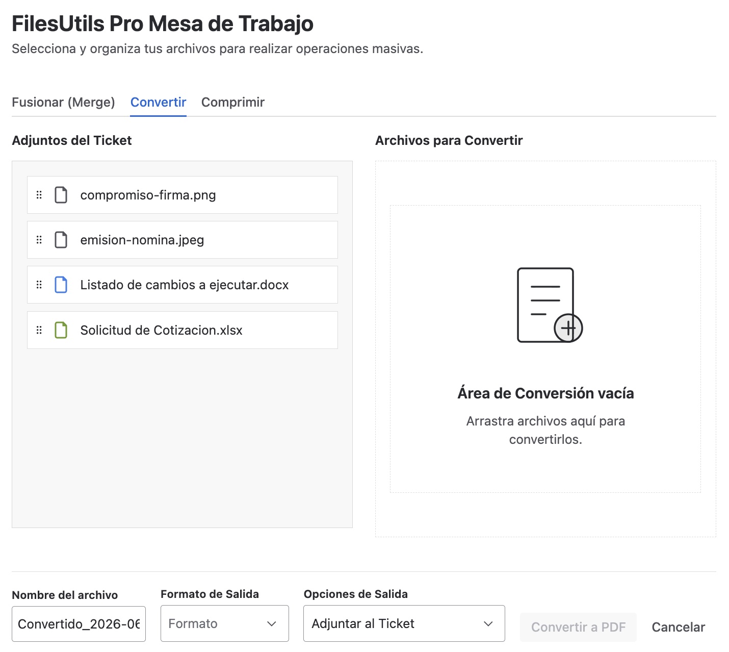 Mesa de trabajo Pestaña Convertir