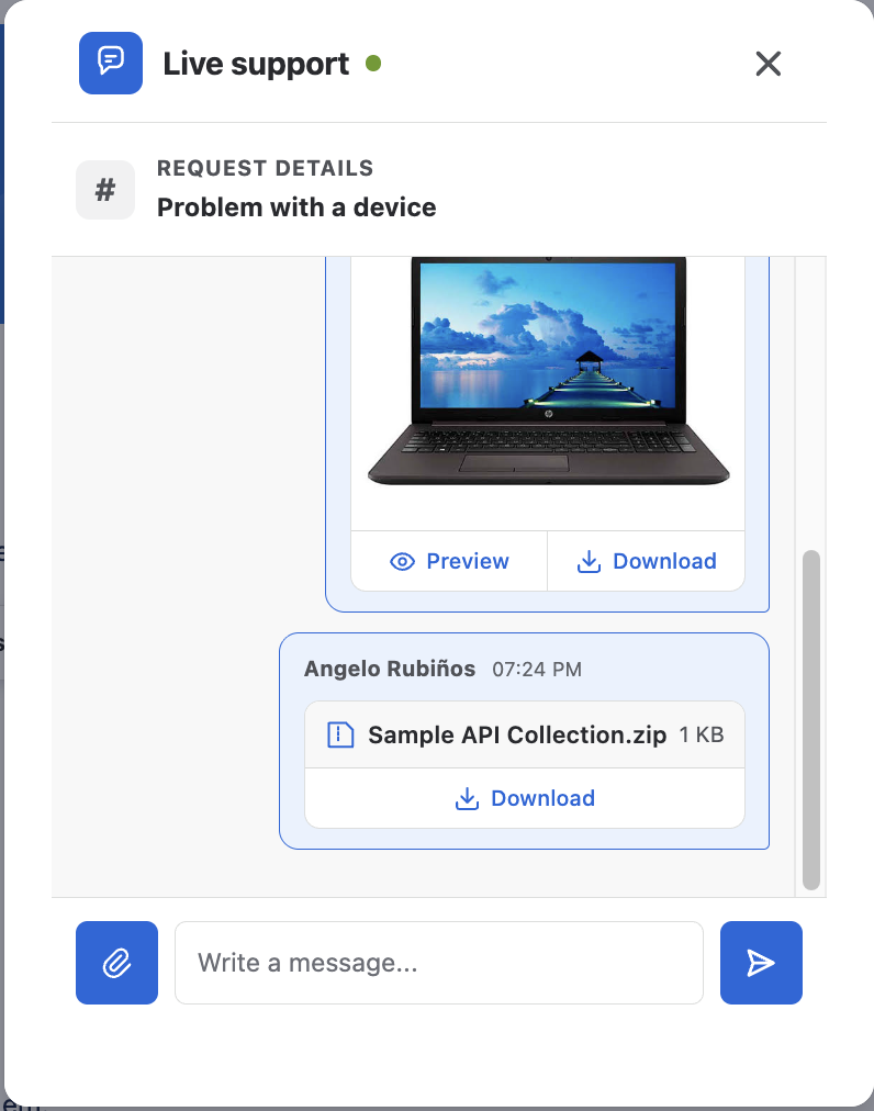 Downloadable file attachment in the conversation