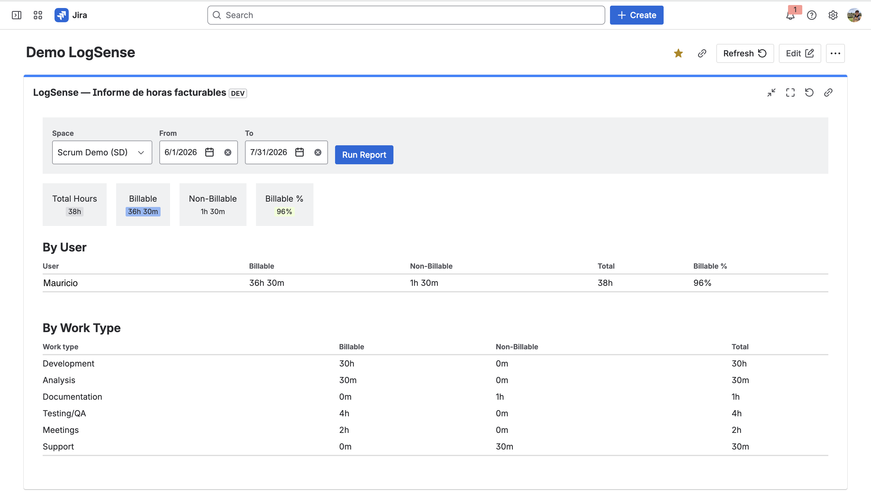 Billable hours gadget on dashboard