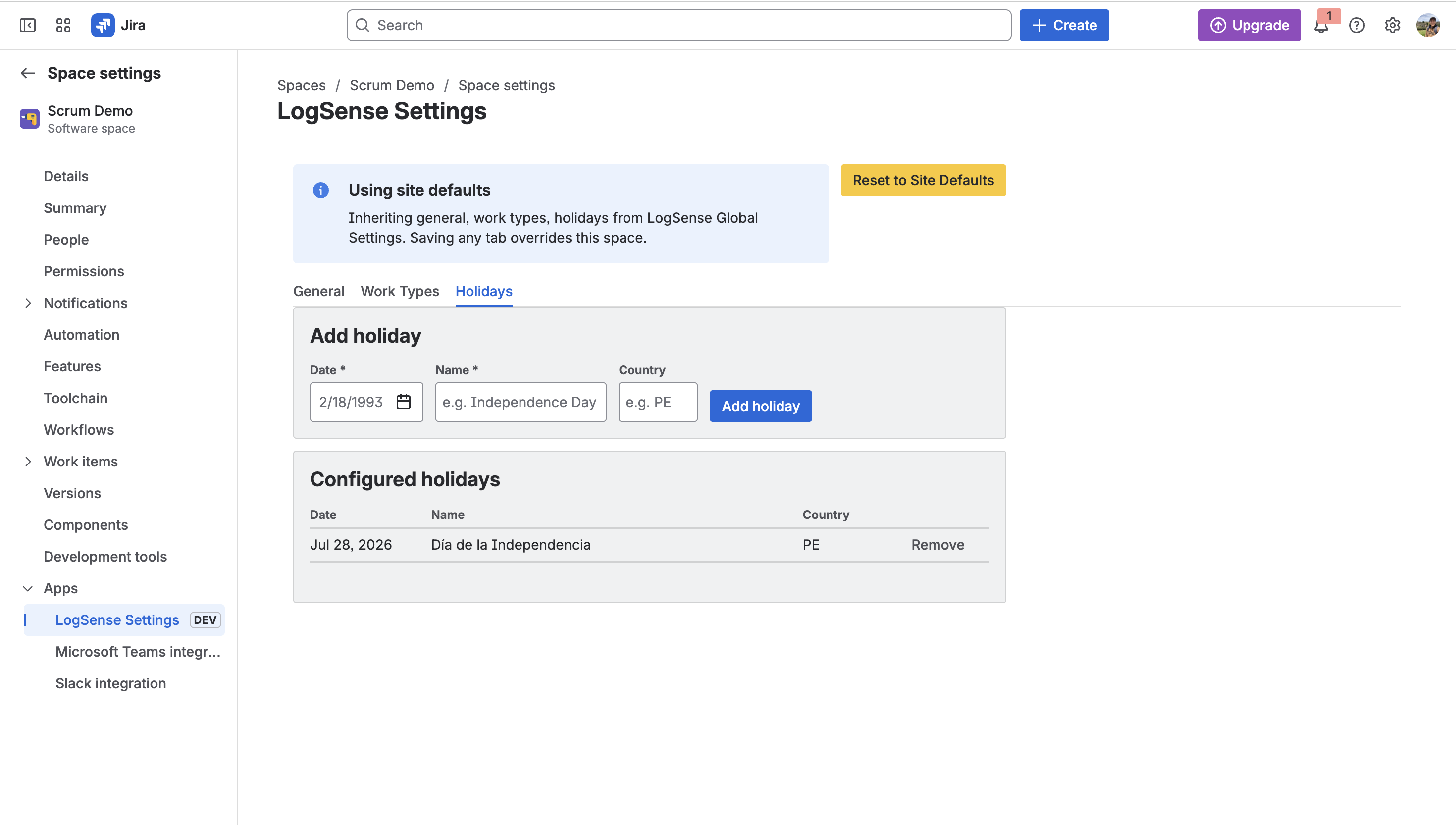 LogSense Settings — Holidays tab