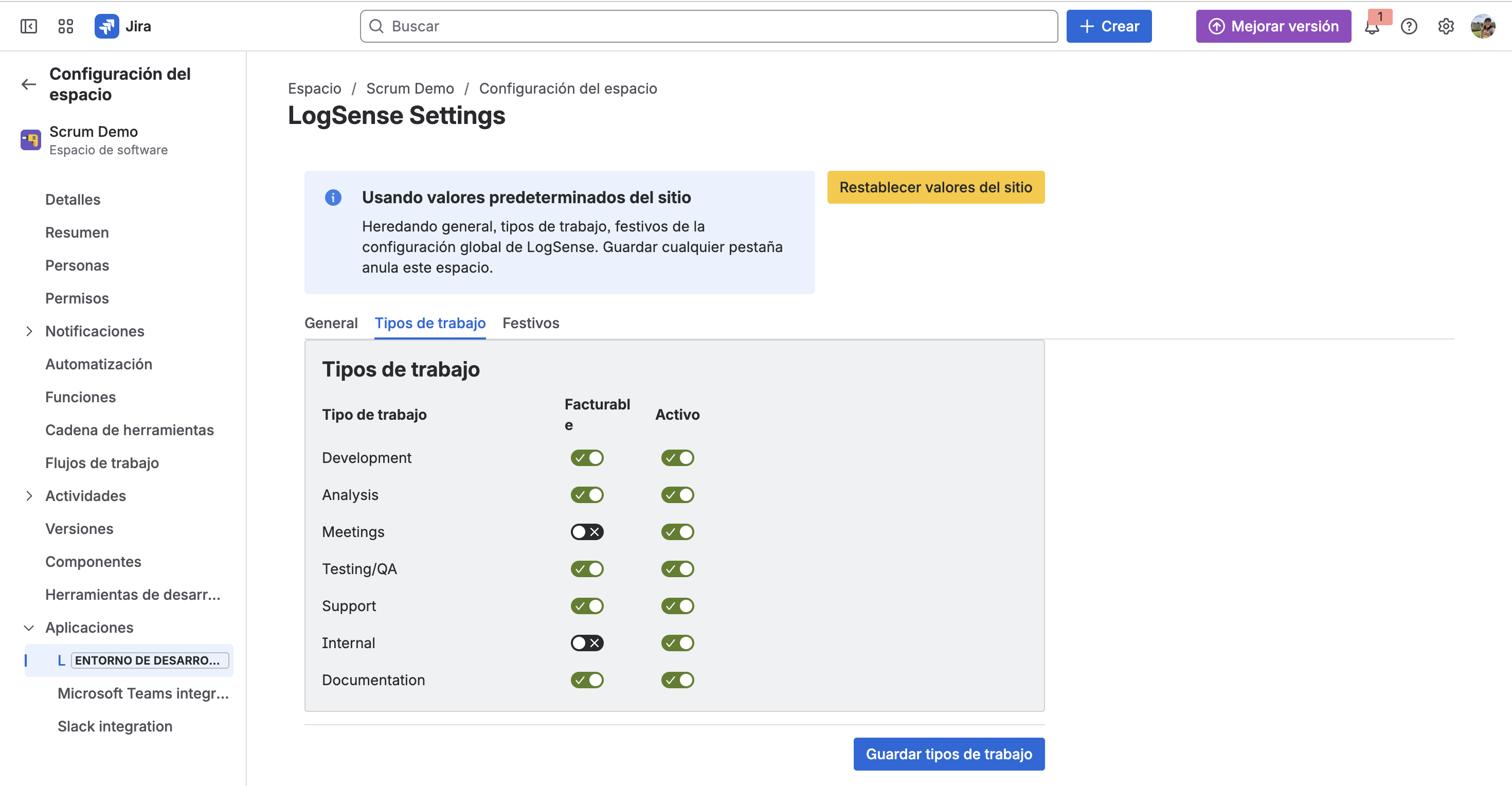 Campos billable y tipo de trabajo en el formulario