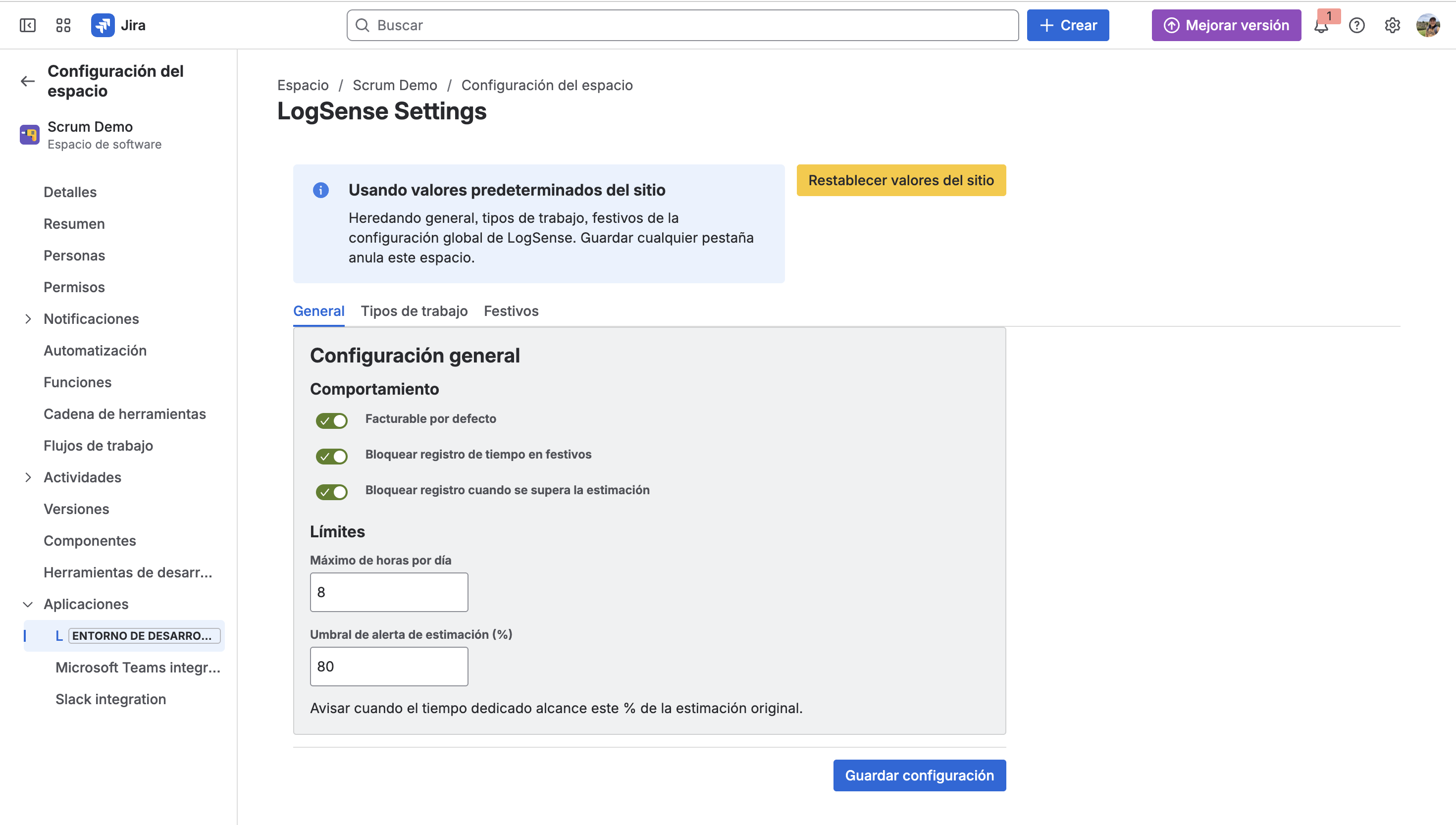 LogSense Settings — pestaña General