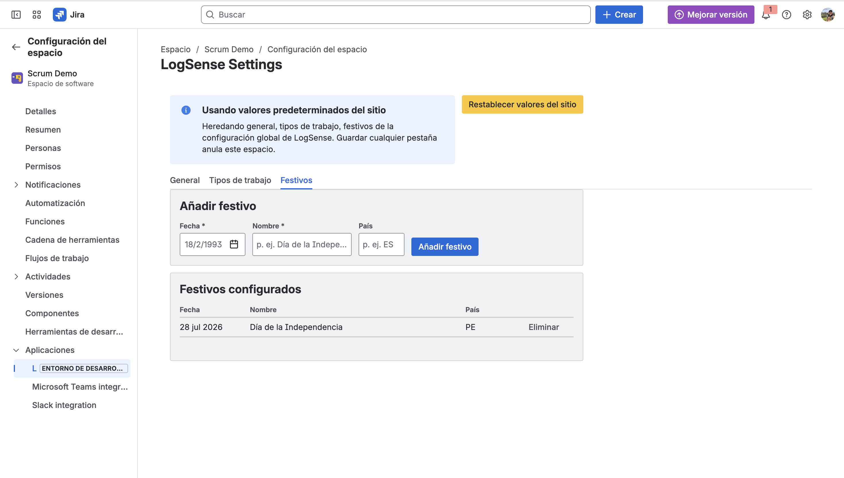 LogSense Settings — pestaña Festivos