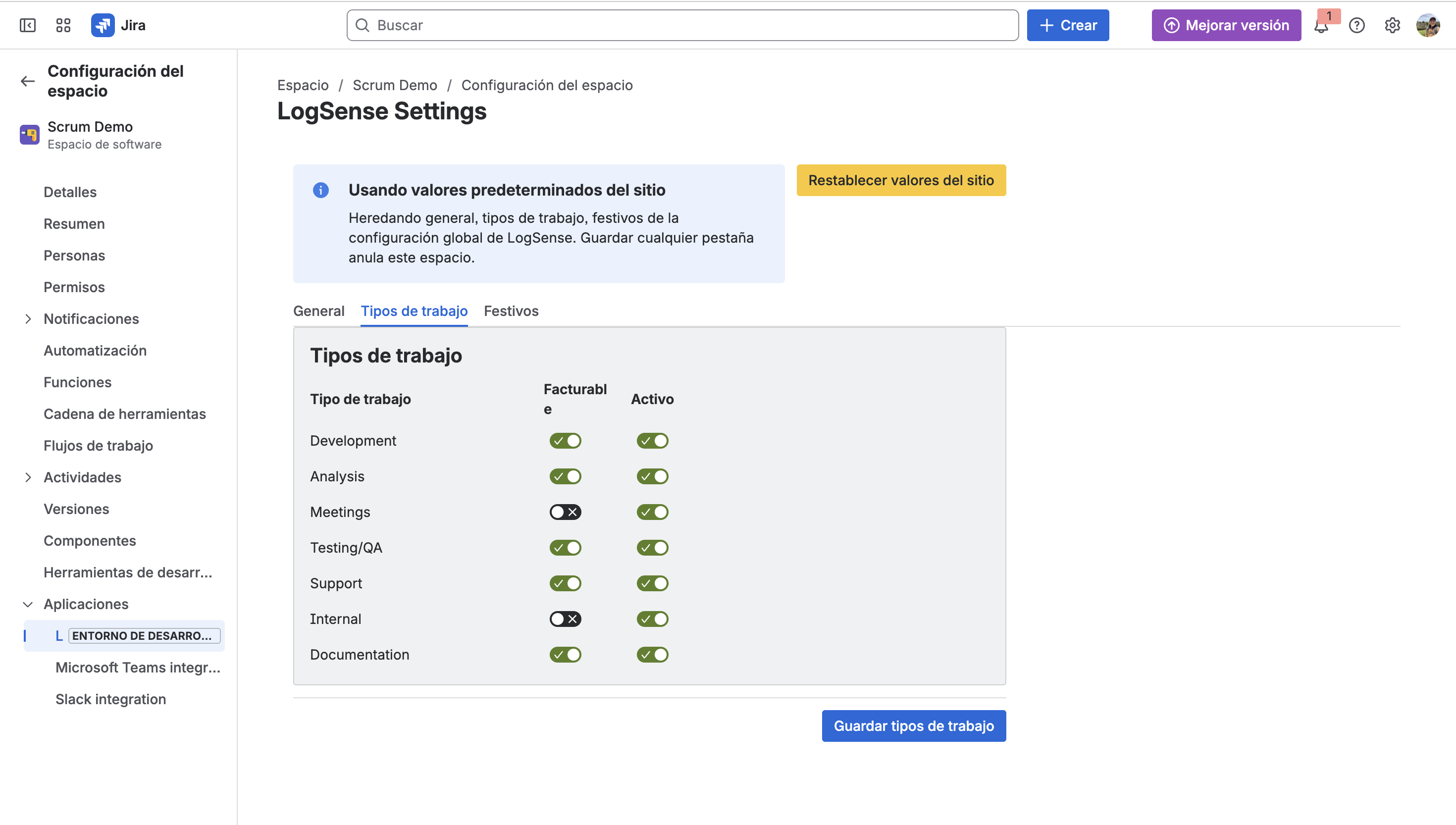 LogSense Settings — pestaña Work Types