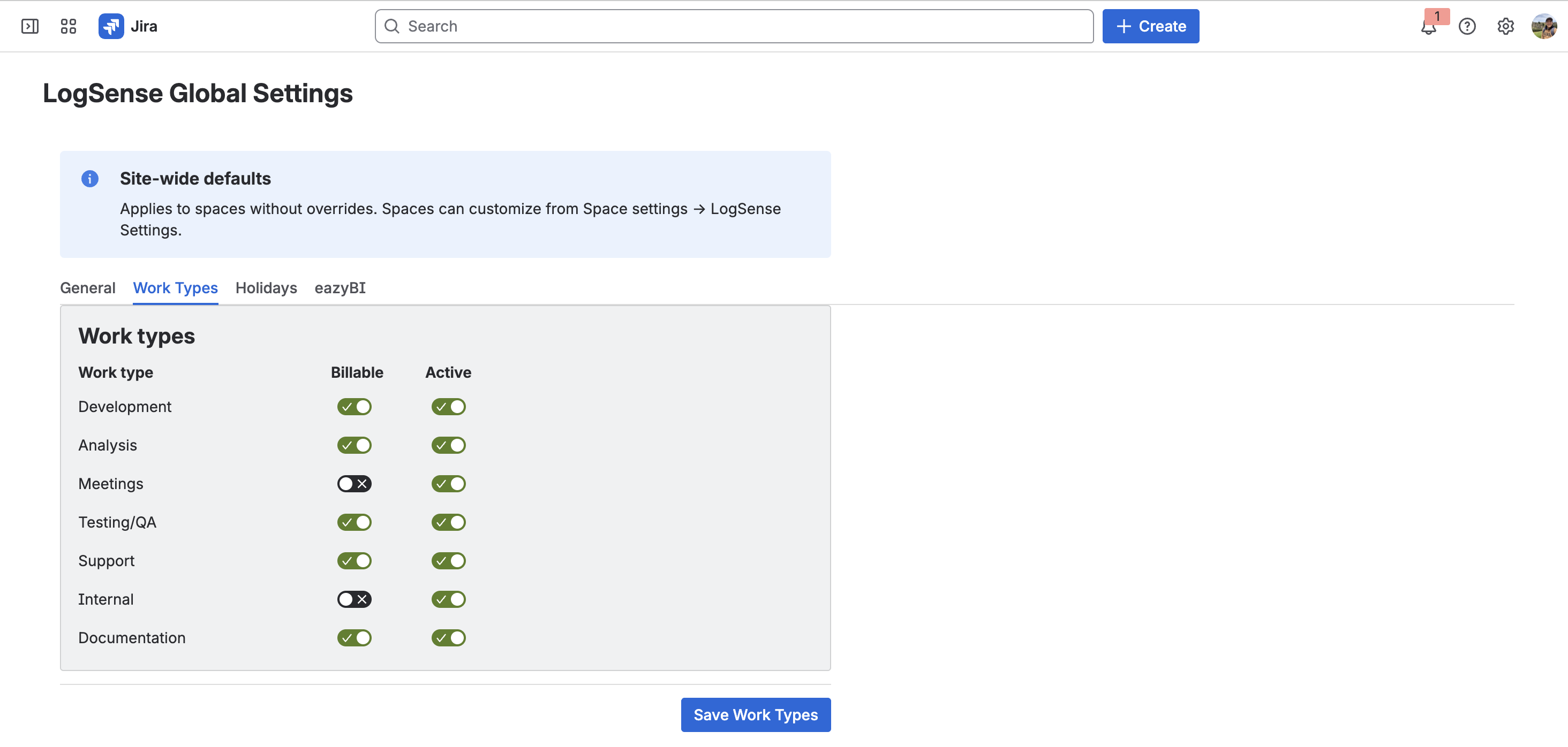 Global settings β Work Types tab