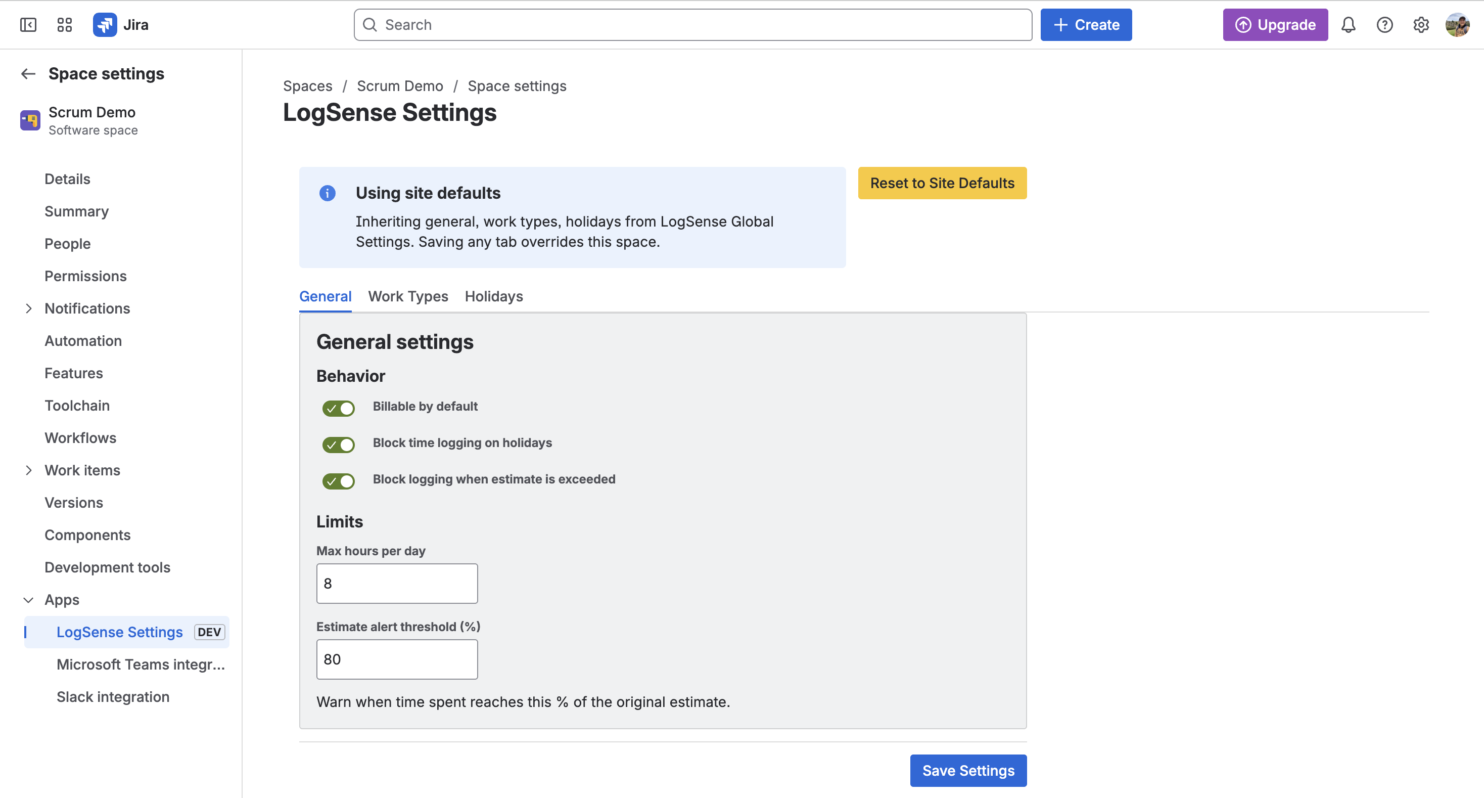 Space LogSense Settings with inheritance and Reset to Site Defaults