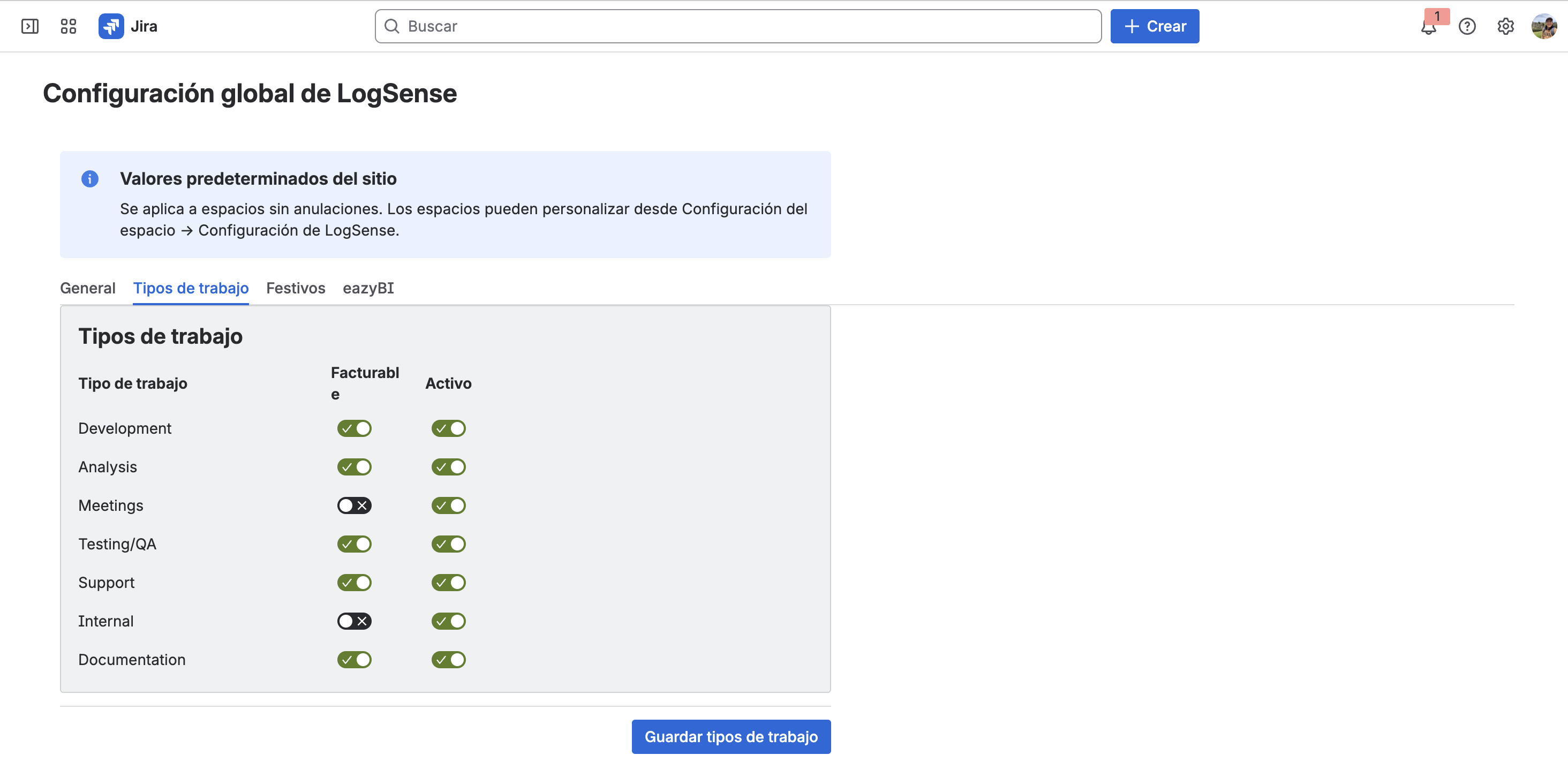 Configuración global — pestaña Work Types