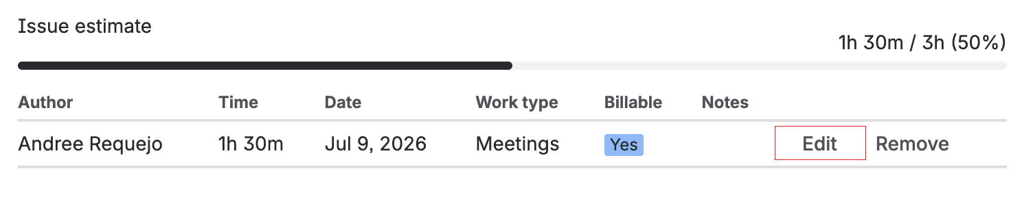 Edit button in the worklog list