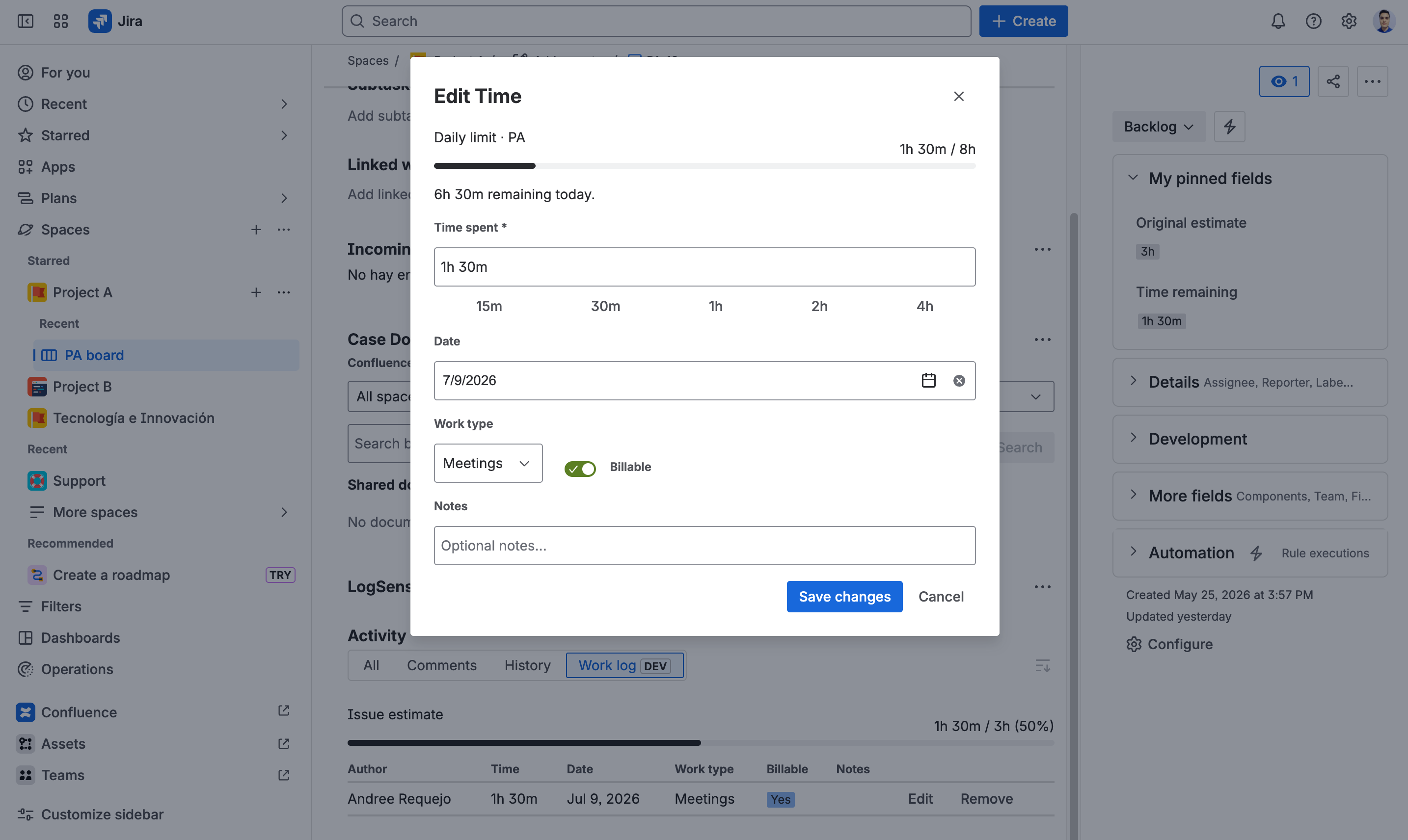 Worklog editing form