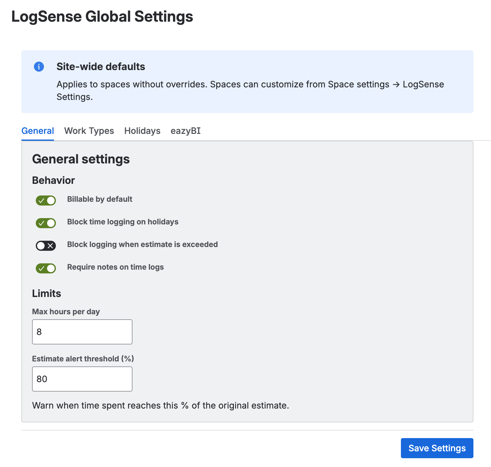 Global settings β General tab with Require notes