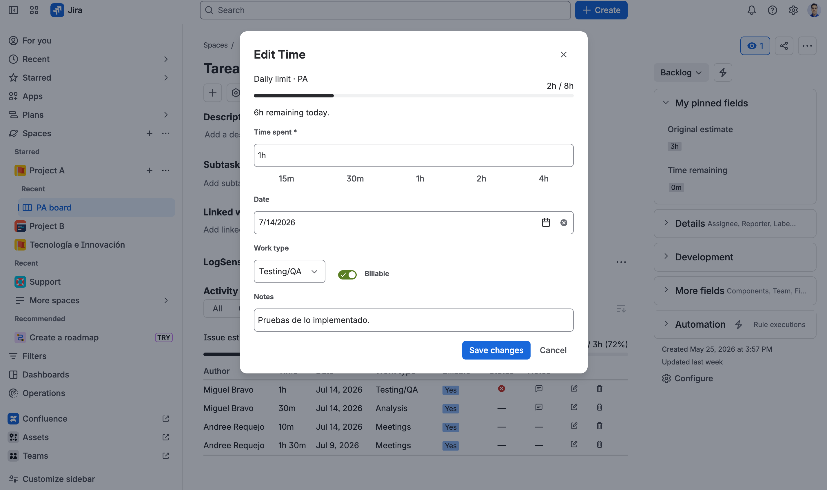 Worklog editing form
