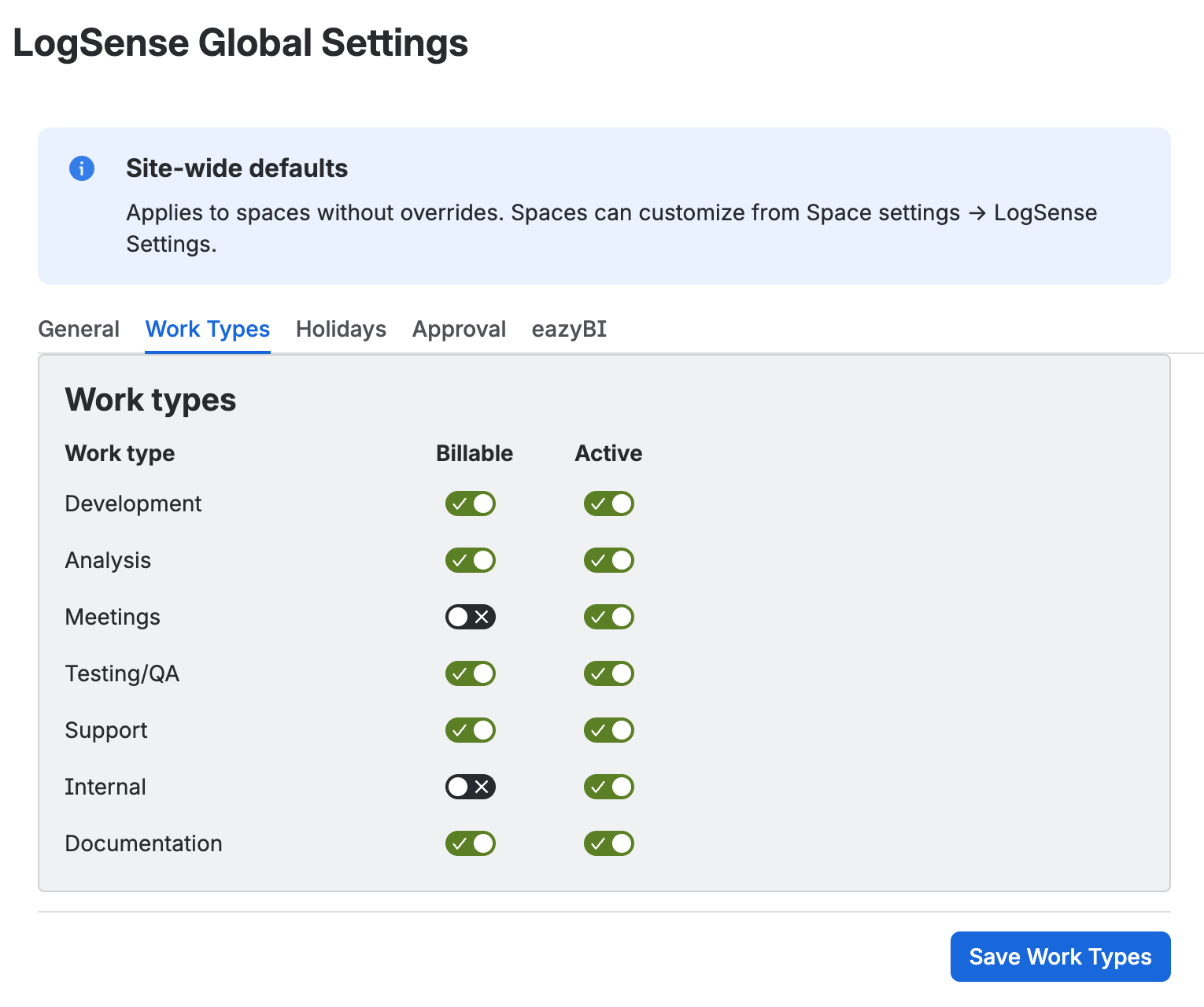 Global settings — Work Types tab