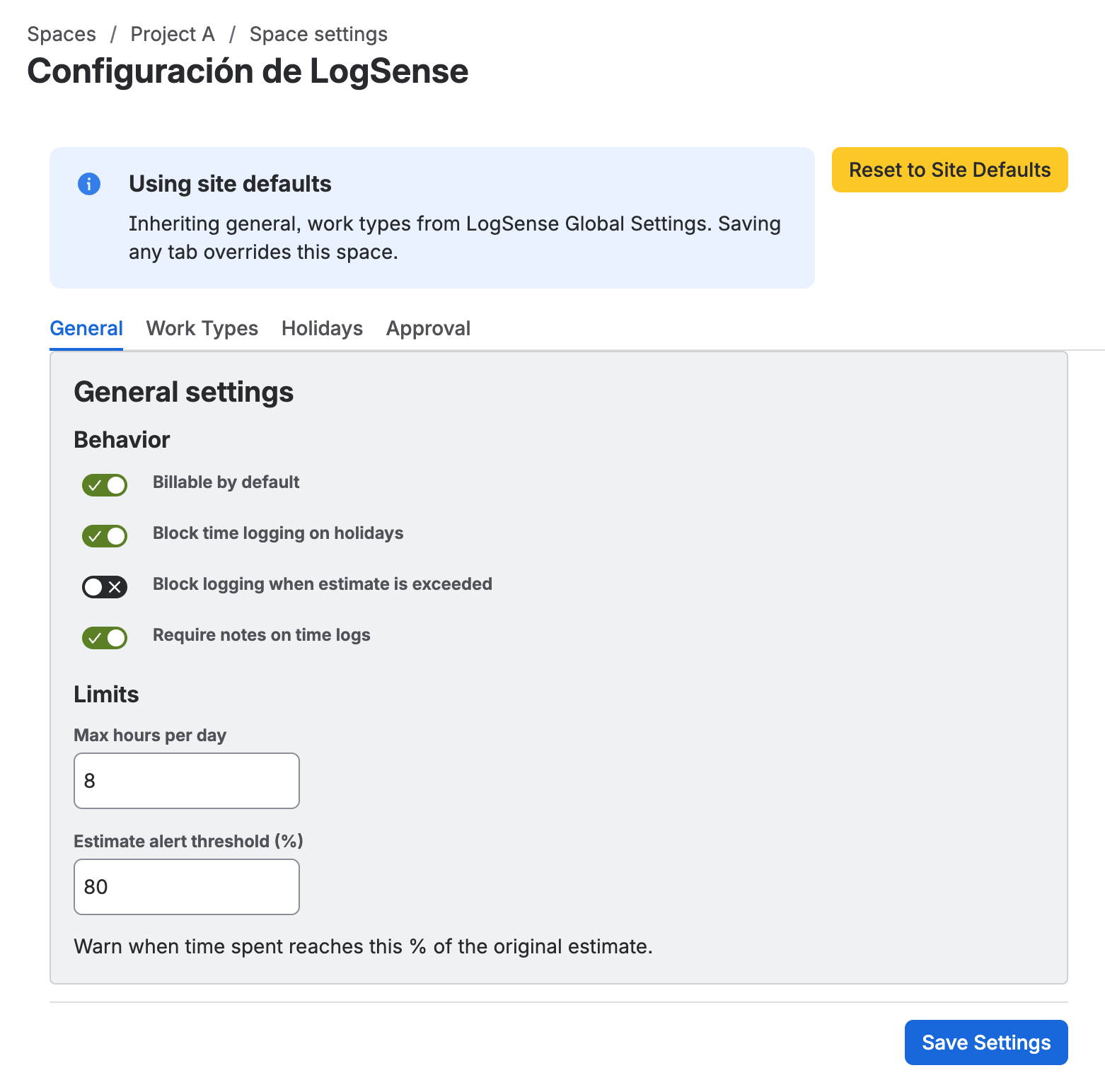 Space LogSense Settings — Require notes toggle